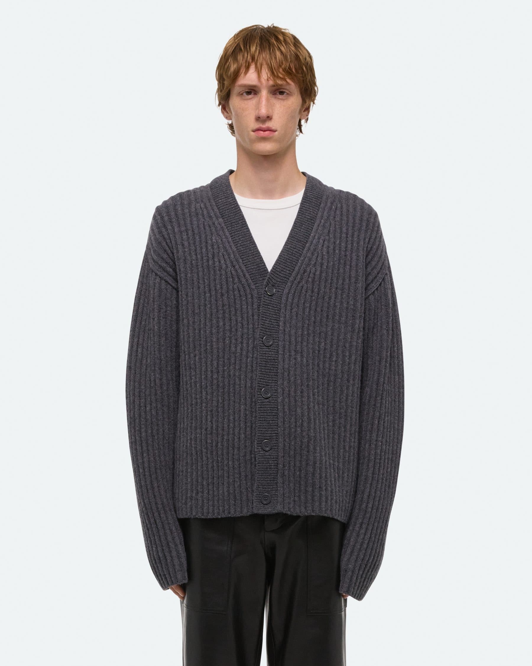 Men's Dark Grey Ribbed V Neck Cardigan Button Chunky Knit Sweater