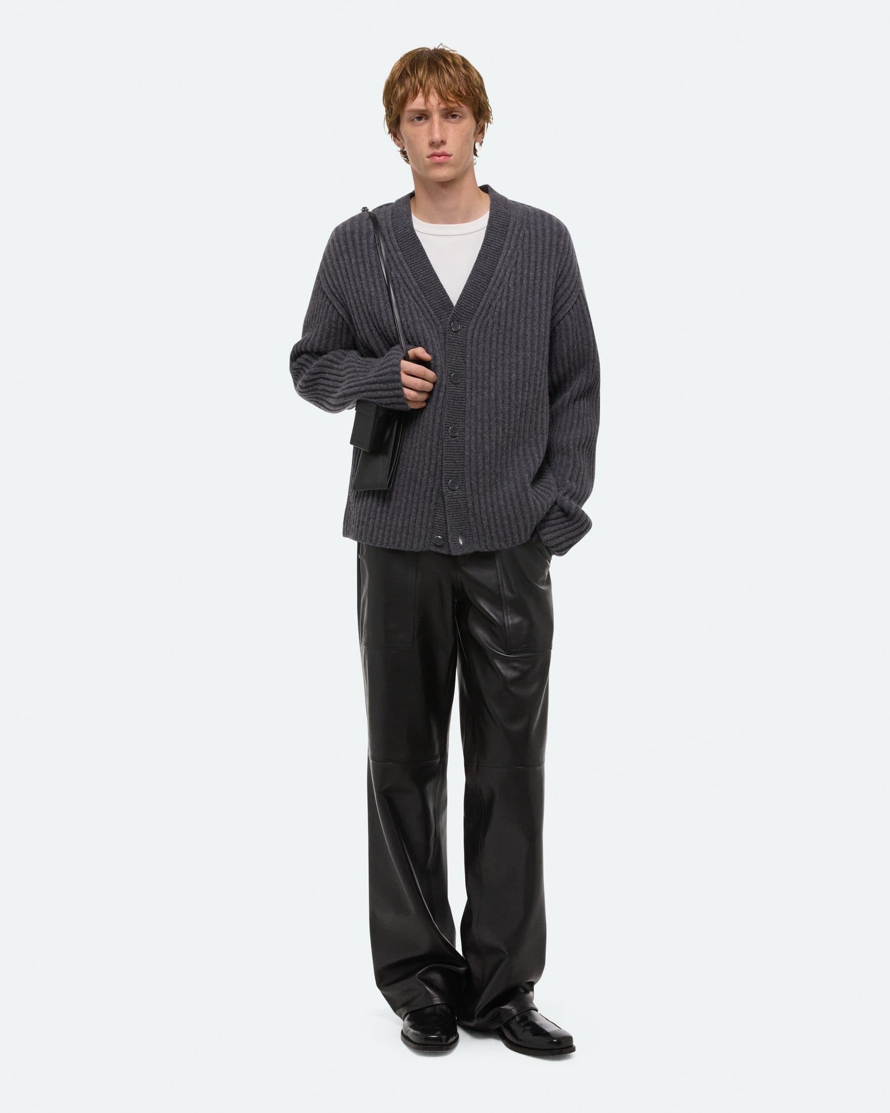 Men's Dark Grey Ribbed V Neck Cardigan Button Chunky Knit Sweater — view 2