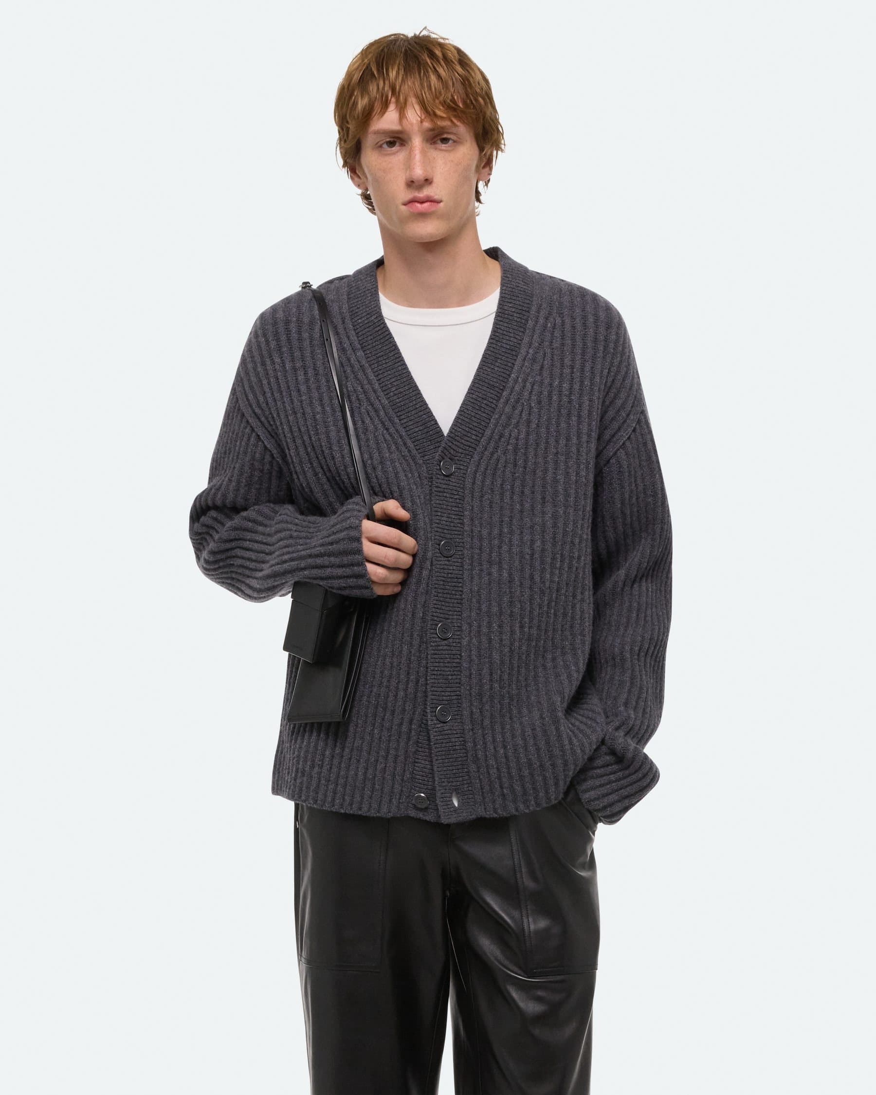 Men's Dark Grey Ribbed V Neck Cardigan Button Chunky Knit Sweater — view 3