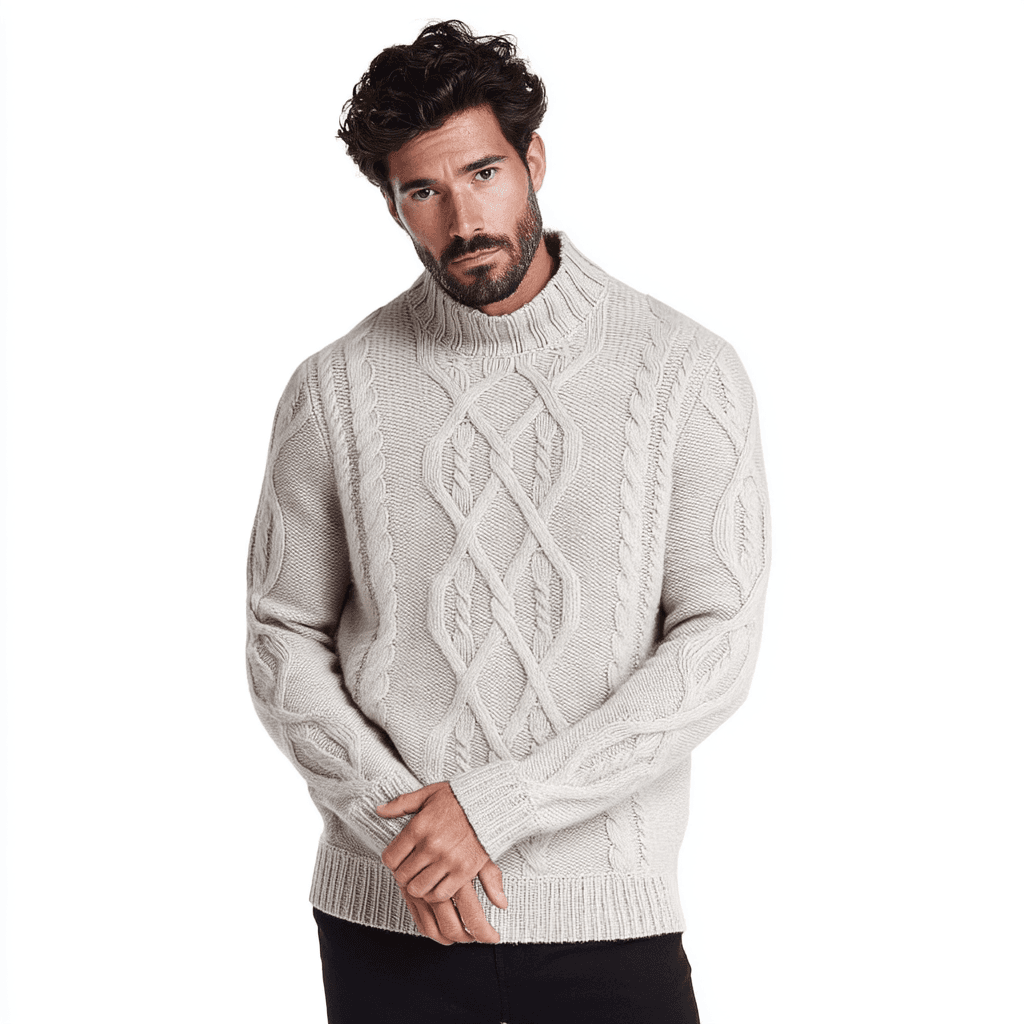Men's Elegant Cream Cable Knit Mock Neck Sweater Wool