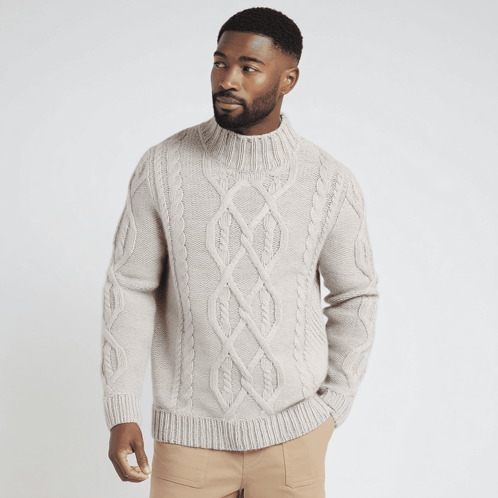 Men's Elegant Cream Cable Knit Mock Neck Sweater Wool — view 2