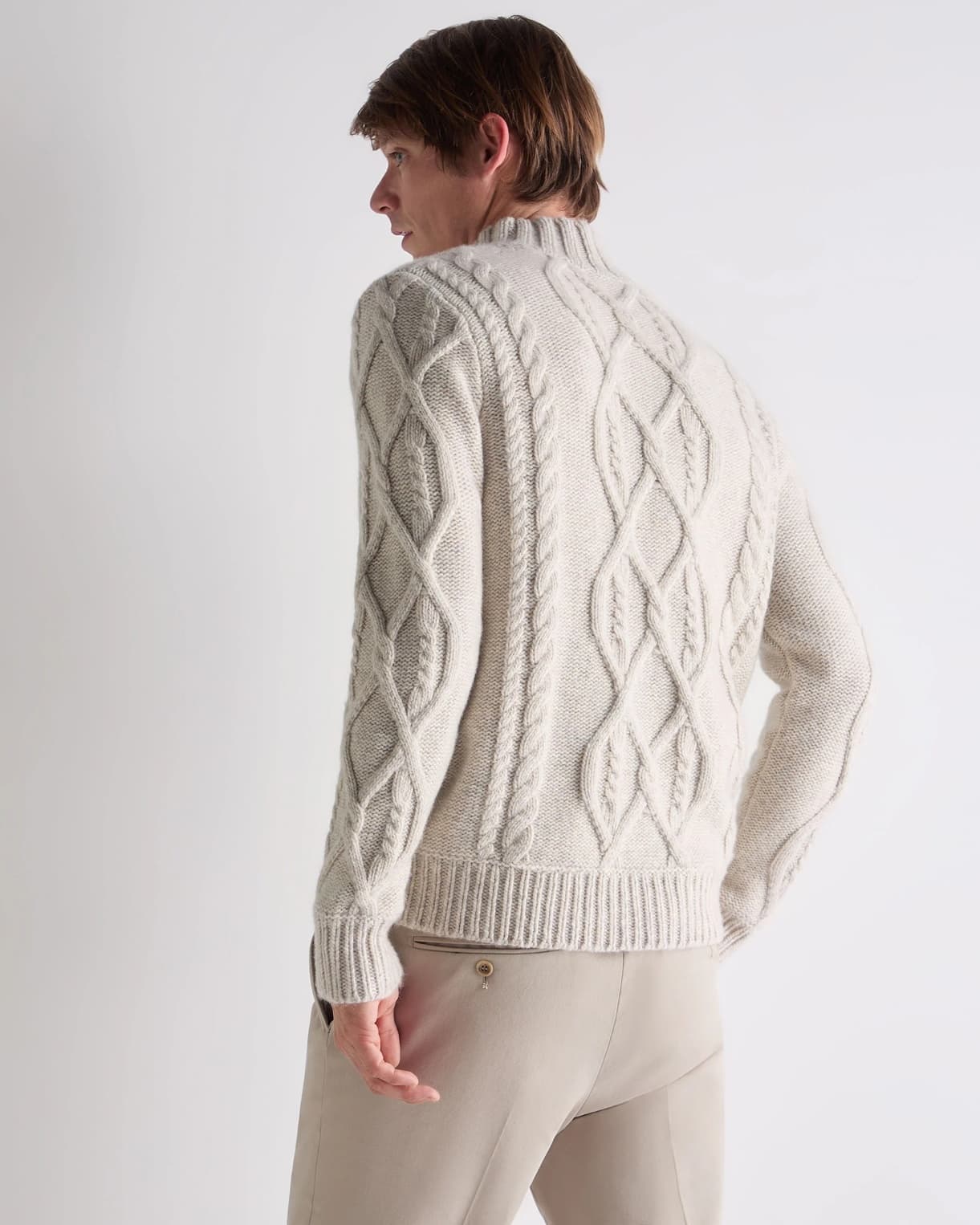 Men's Elegant Cream Cable Knit Mock Neck Sweater Wool — view 3