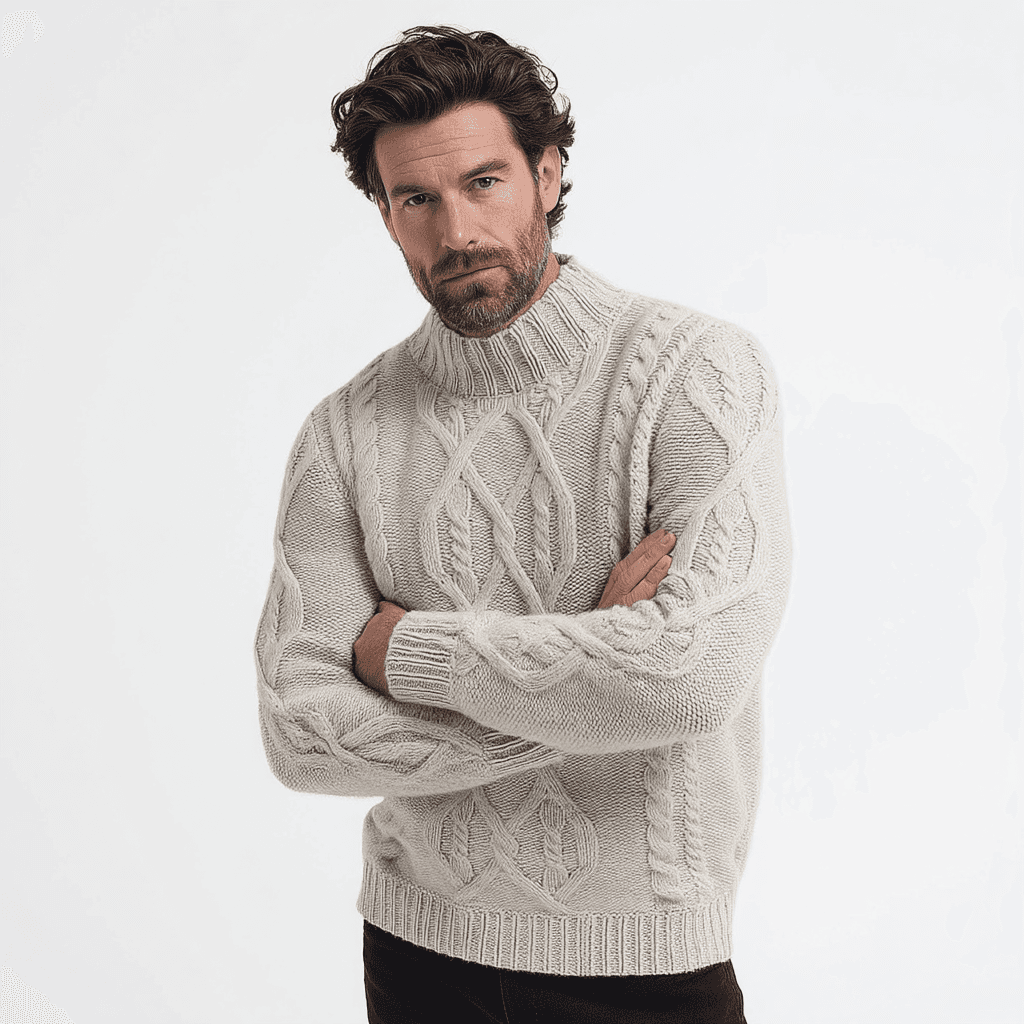 Men's Elegant Cream Cable Knit Mock Neck Sweater Wool — view 4