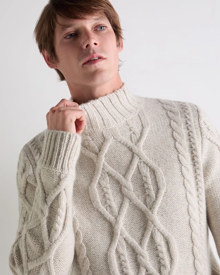 Men's Elegant Cream Cable Knit Mock Neck Sweater Wool — view 5