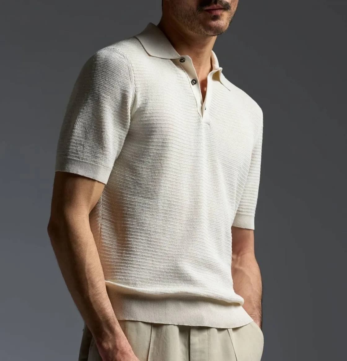 Men's Fine Knit Cotton Polo Shirt Ribbed Short Sleeve