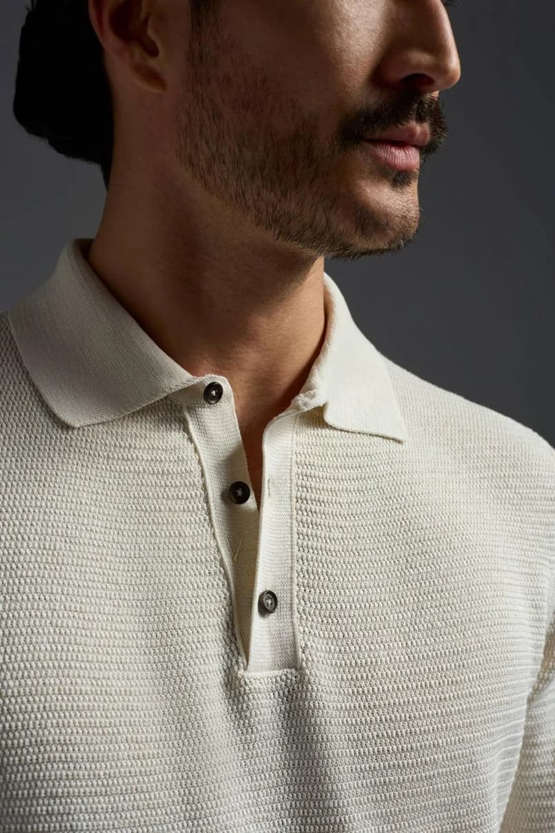 Men's Fine Knit Cotton Polo Shirt Ribbed Short Sleeve