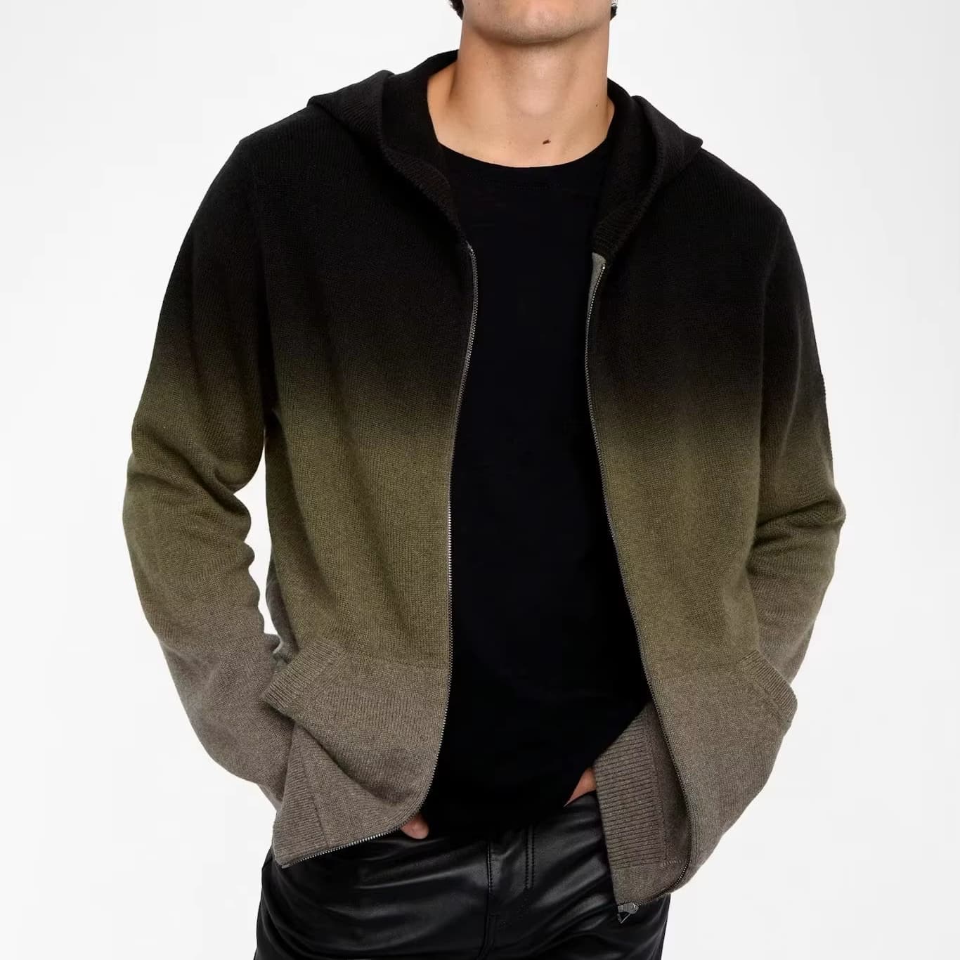 Men's Green Black Ombre Zip Hoodie Gradient Knit Jacket Casual Sweater