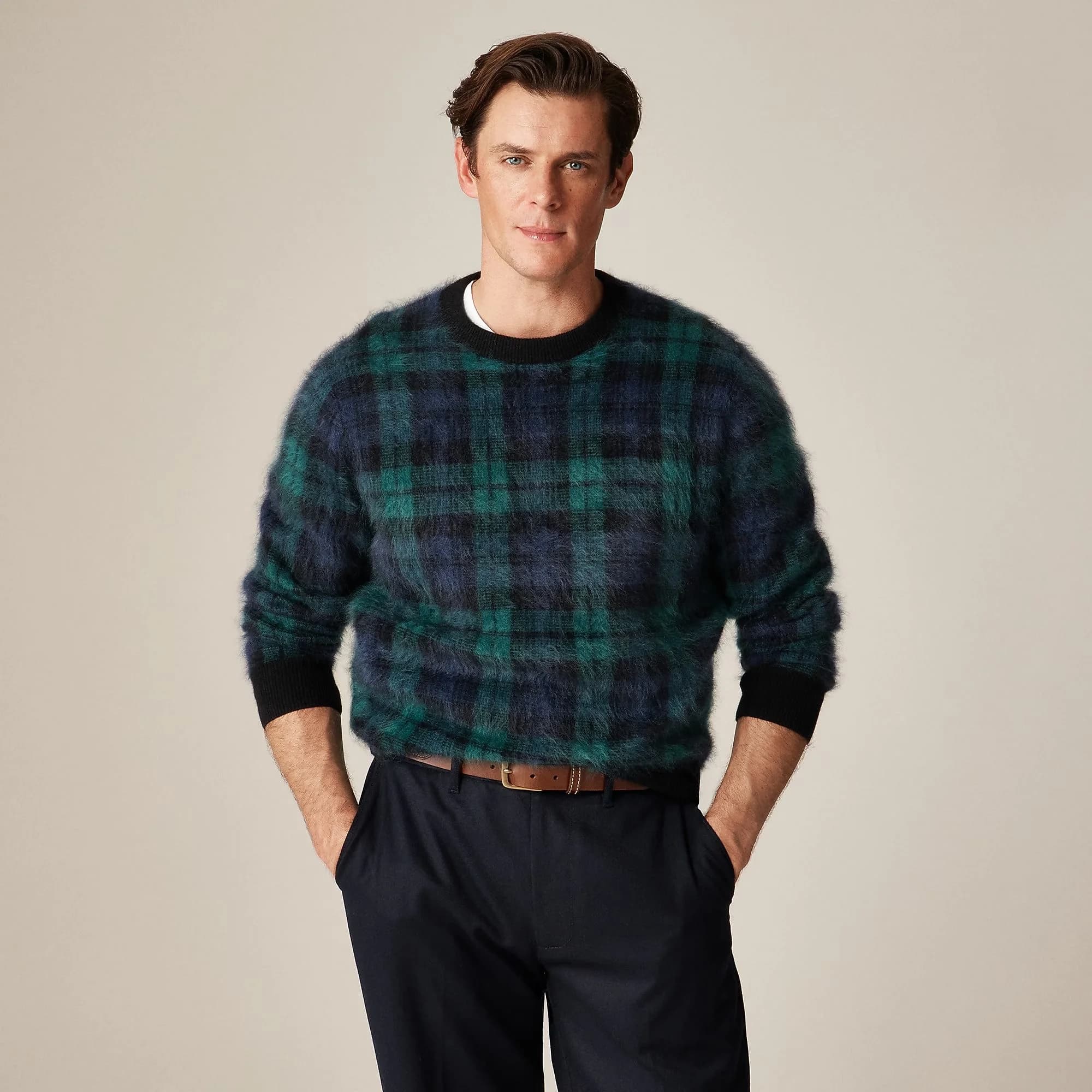 Men's Green Blue Plaid Mohair Crew Neck Sweater