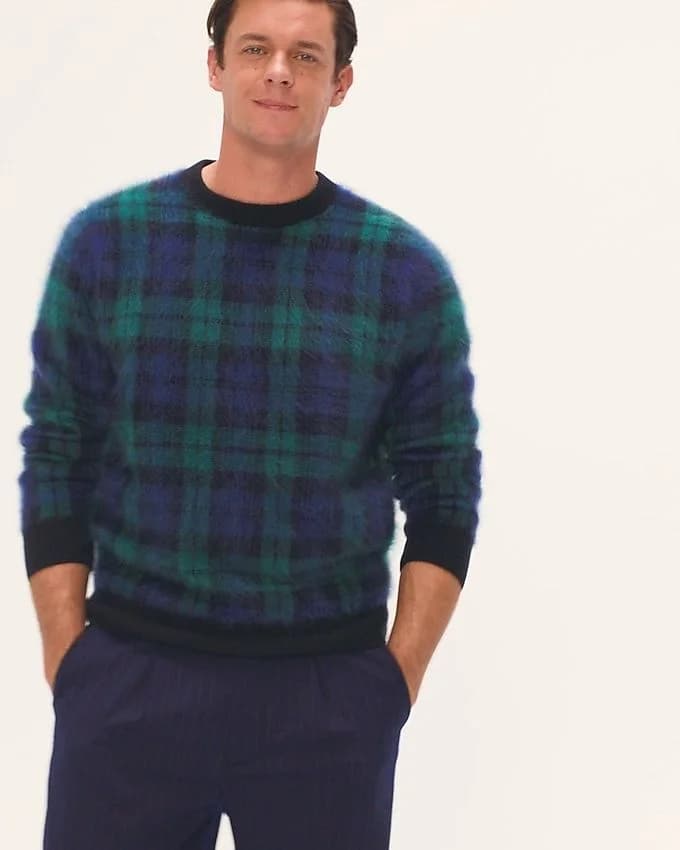 Men's Green Blue Plaid Mohair Crew Neck Sweater