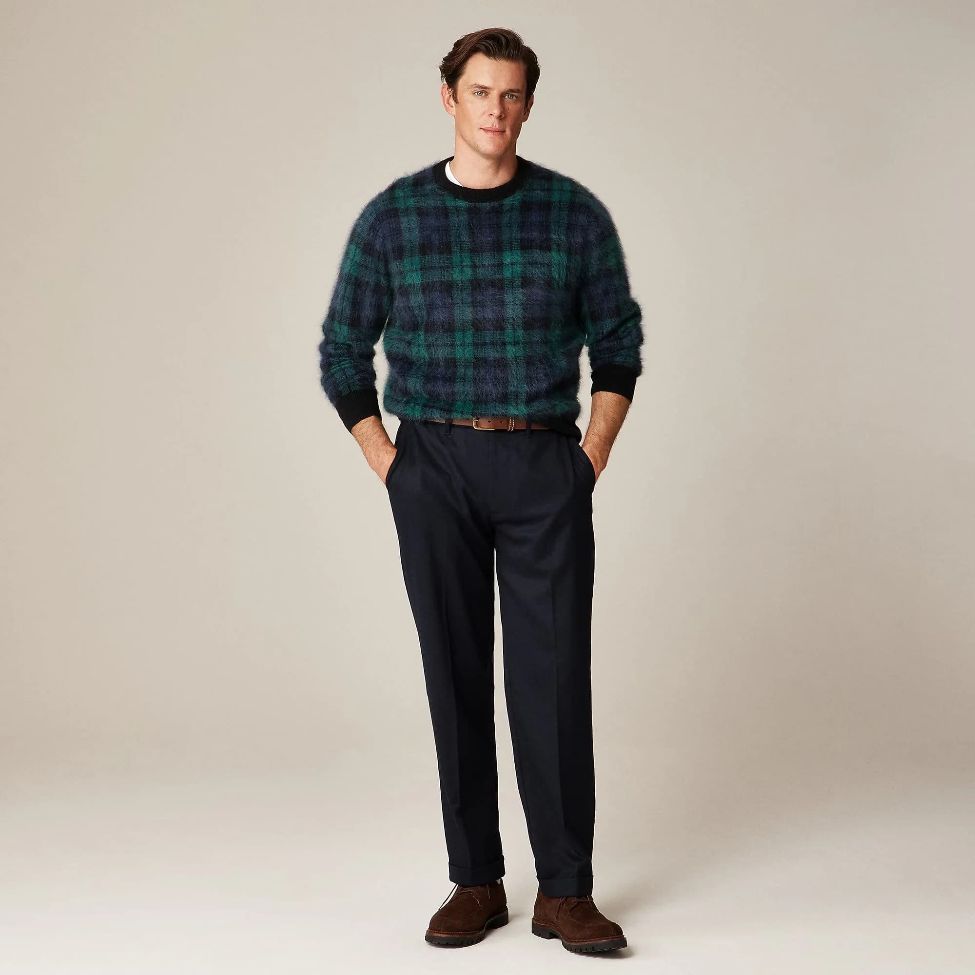 Men's Green Blue Plaid Mohair Crew Neck Sweater