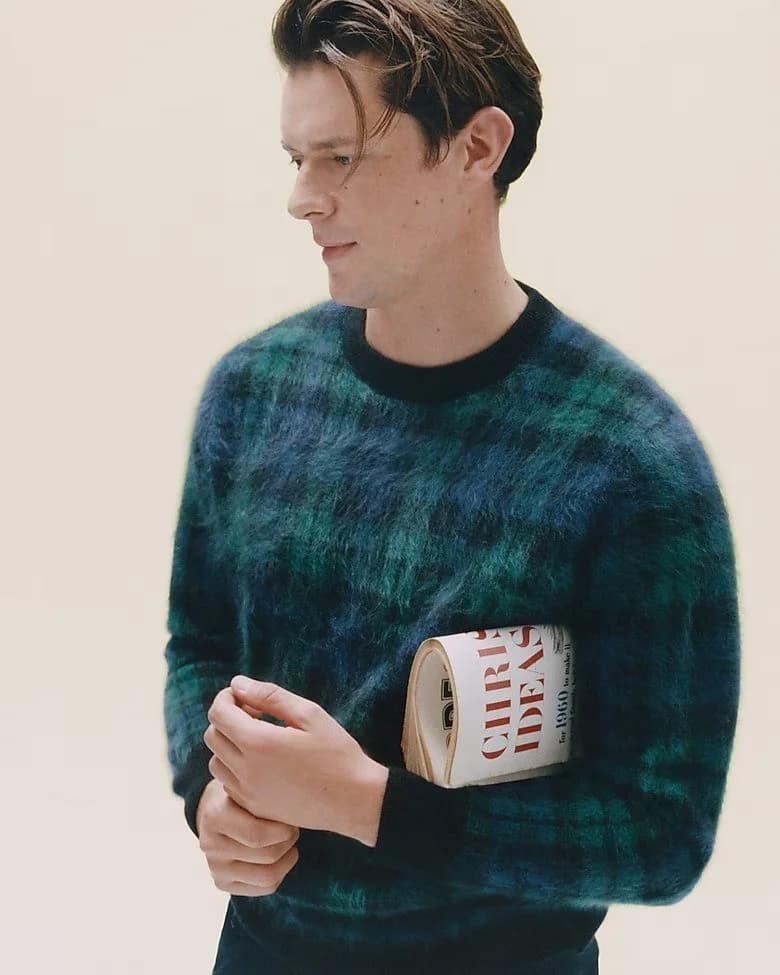 Men's Green Blue Plaid Mohair Crew Neck Sweater