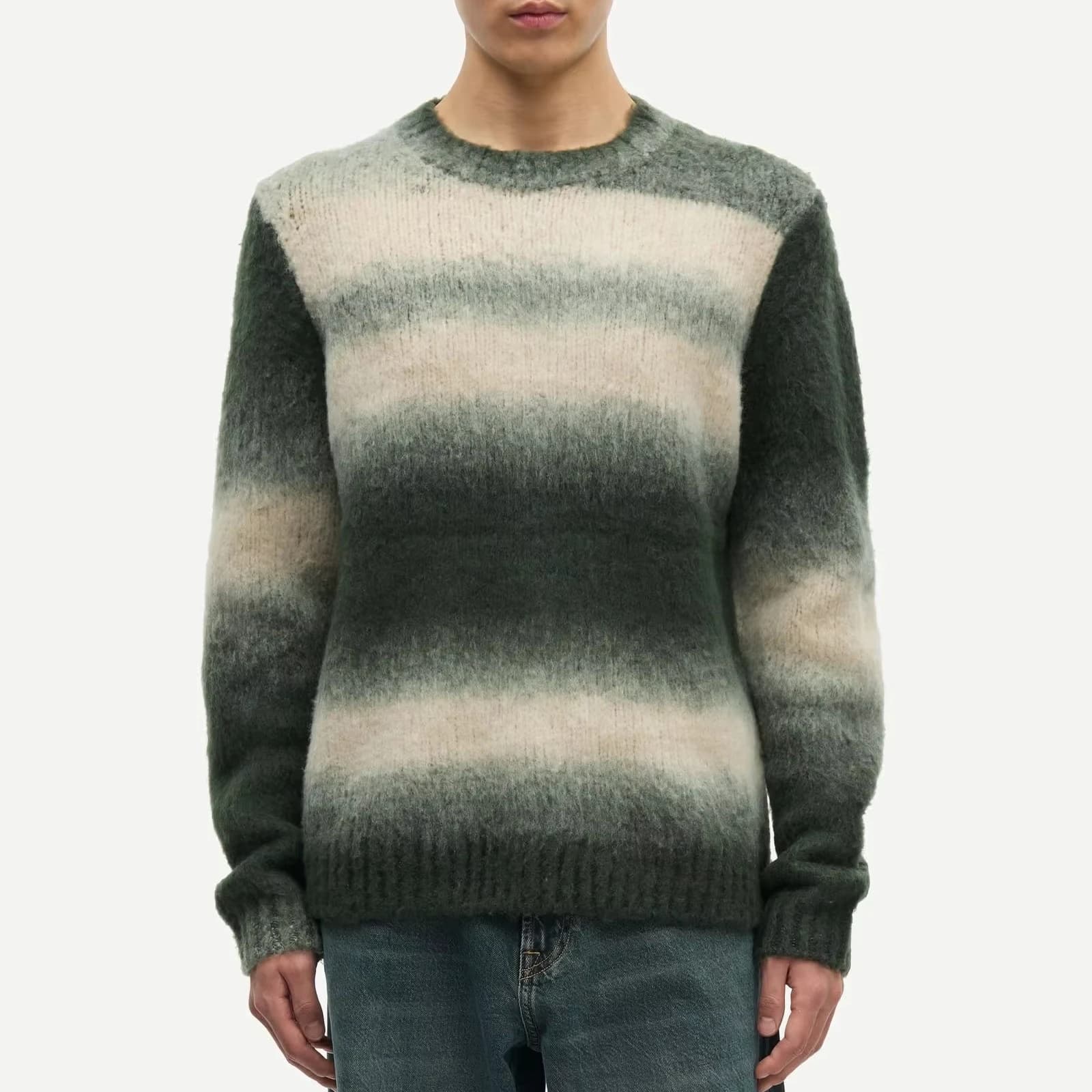 Men's Green Cream Ombre Stripe Sweater Knit Crew Neck Pullover