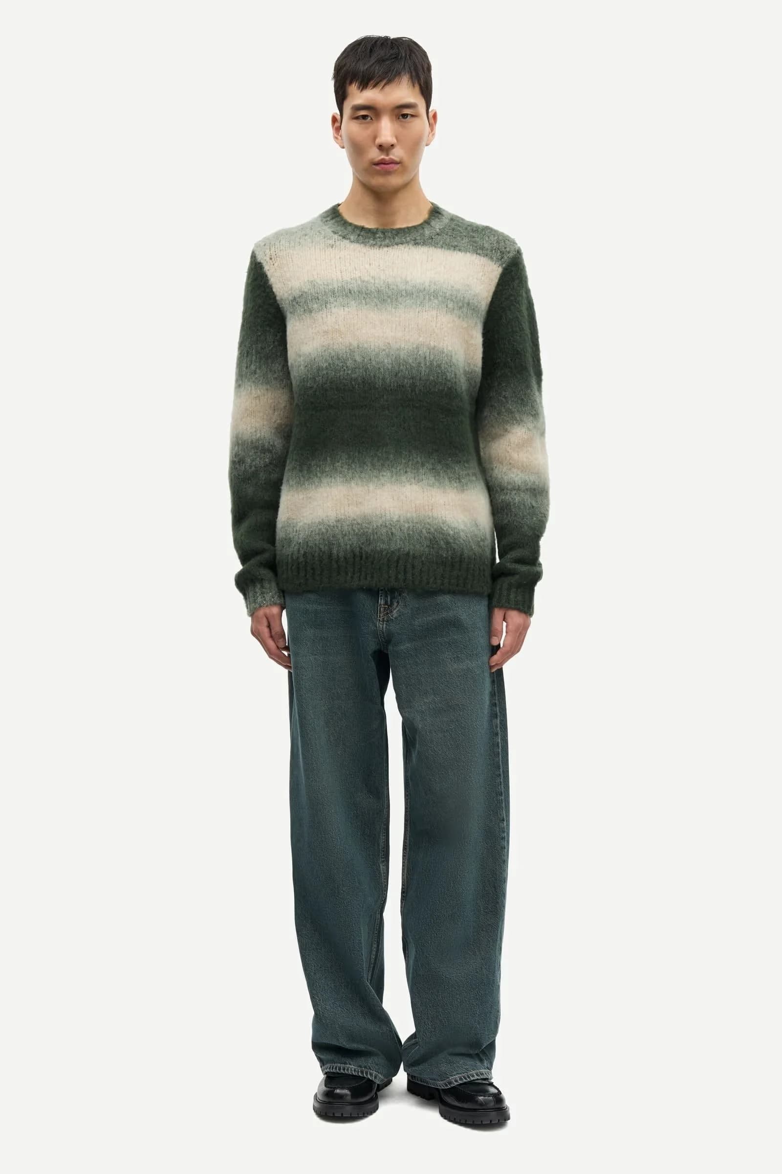 Men's Green Cream Ombre Stripe Sweater Knit Crew Neck Pullover — view 2