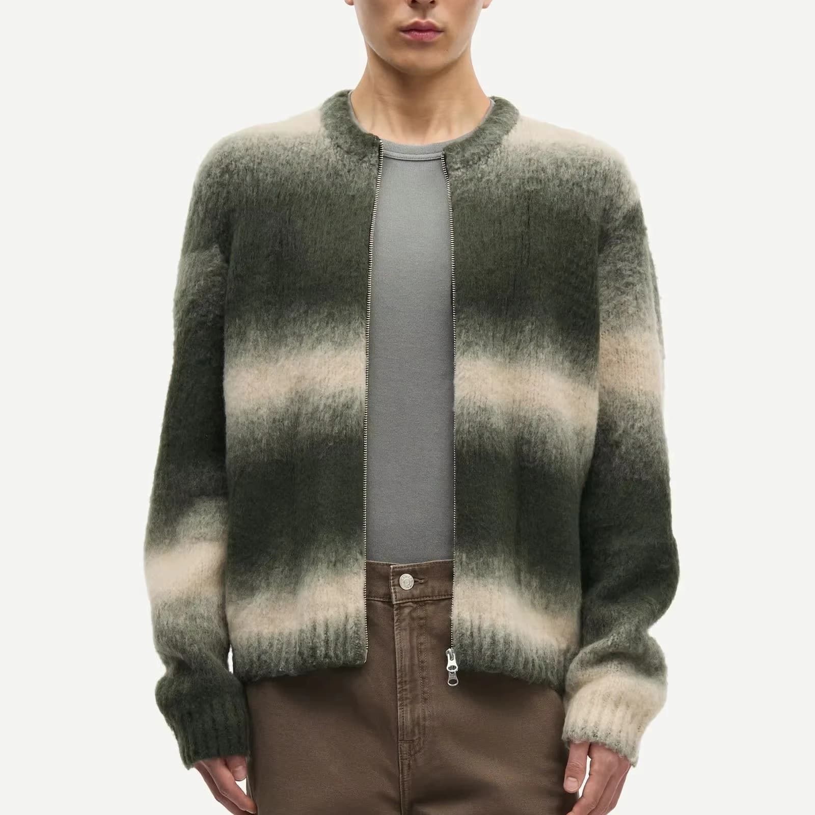 Men's Green Cream Ombre Zip Cardigan Gradient Knit