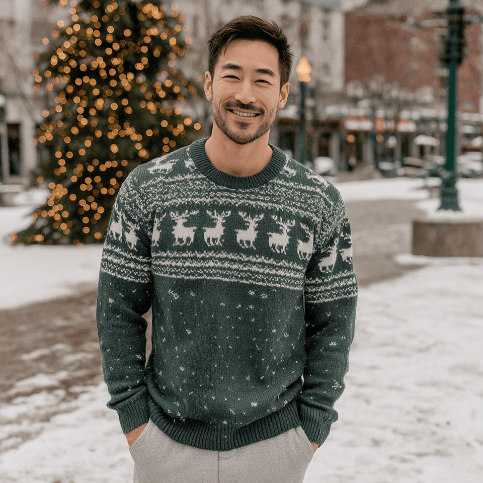 Men's Green Nordic Reindeer Christmas Crewneck Sweater — view 2