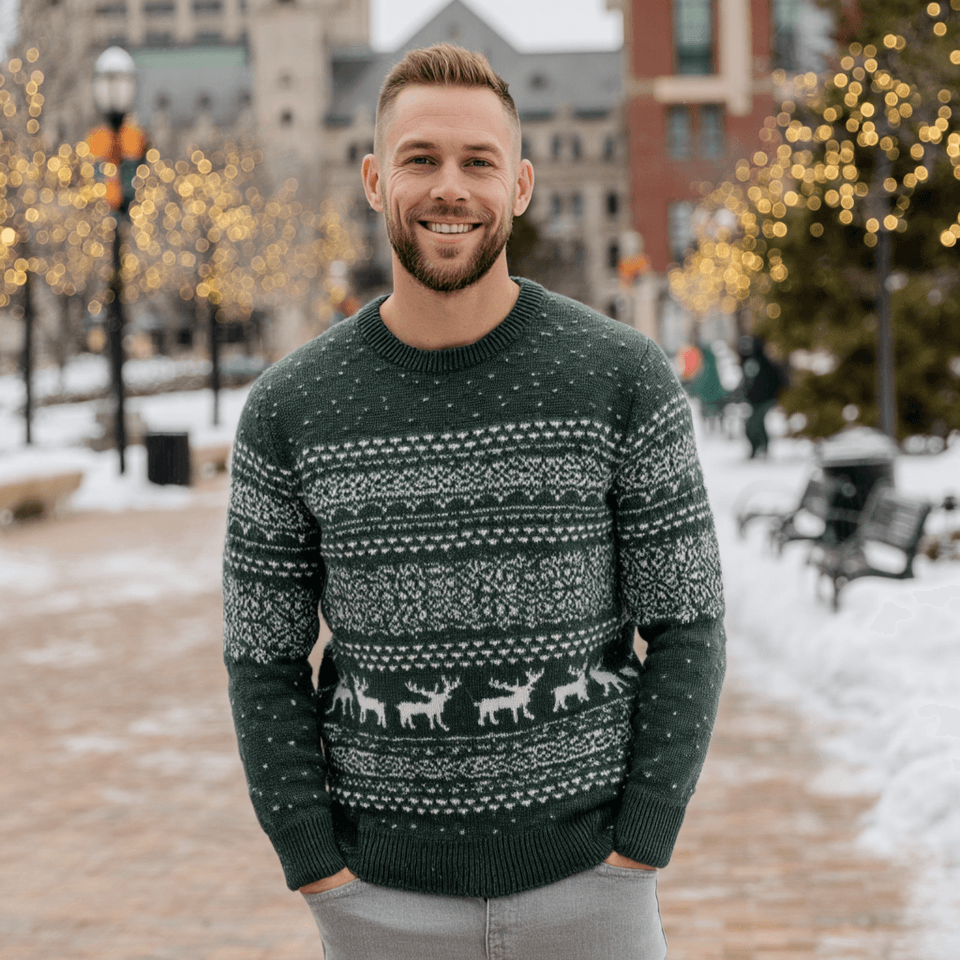 Men's Green Nordic Reindeer Christmas Crewneck Sweater — view 3