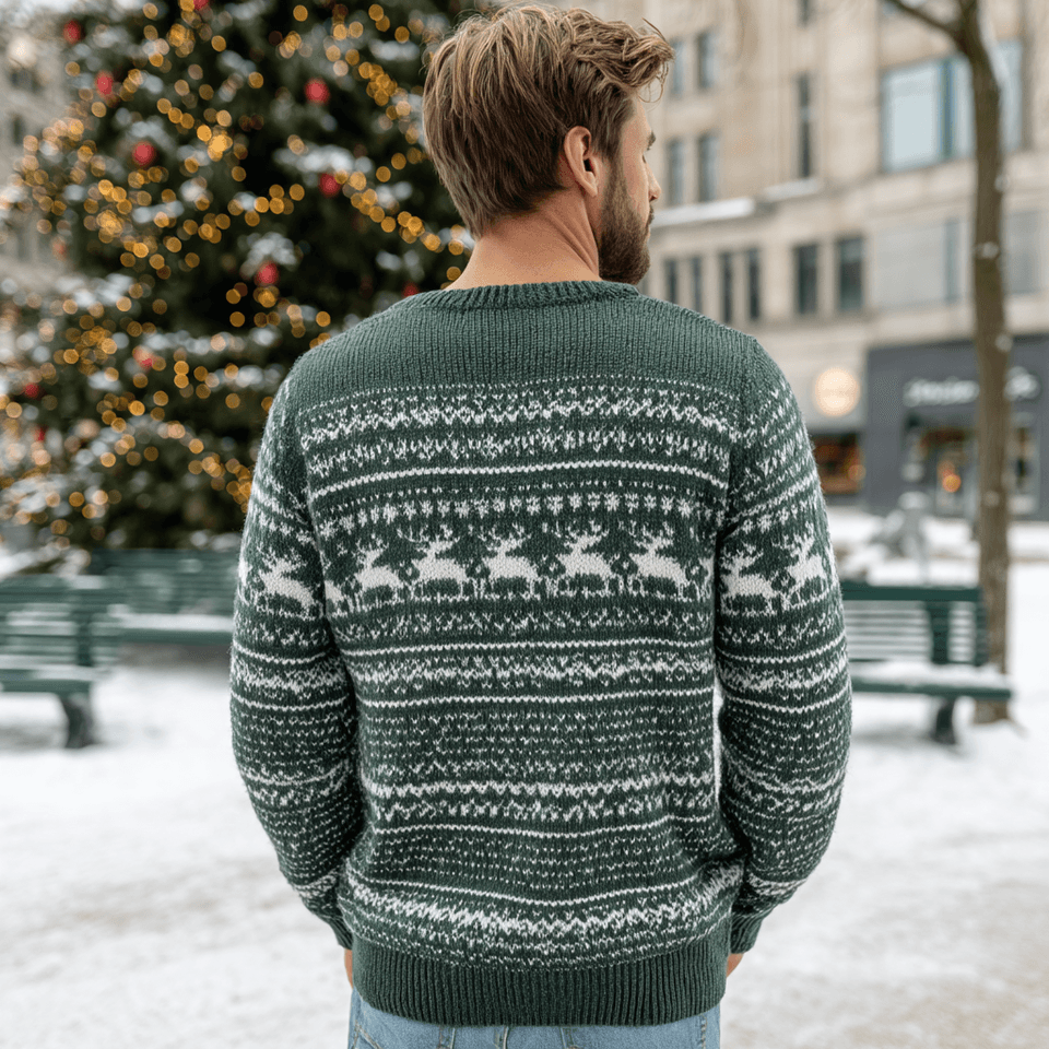 Men's Green Nordic Reindeer Christmas Crewneck Sweater — view 4