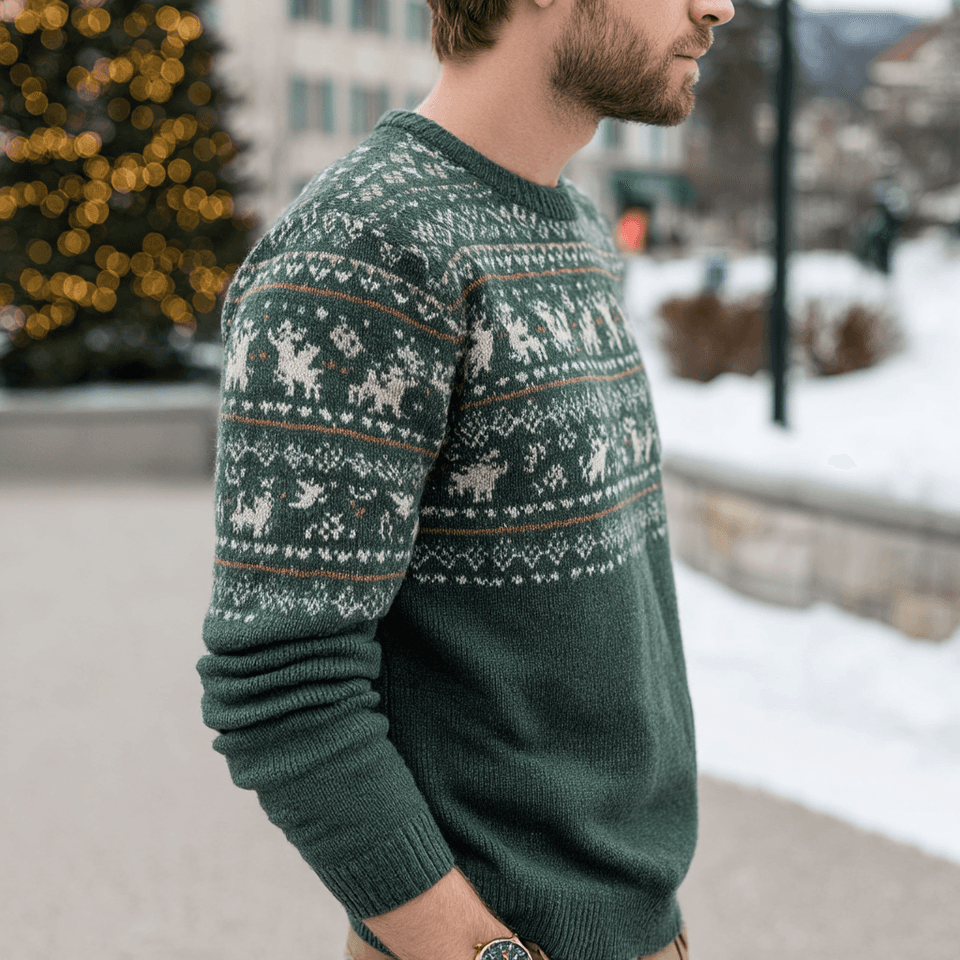 Men's Green Nordic Reindeer Christmas Crewneck Sweater — view 6