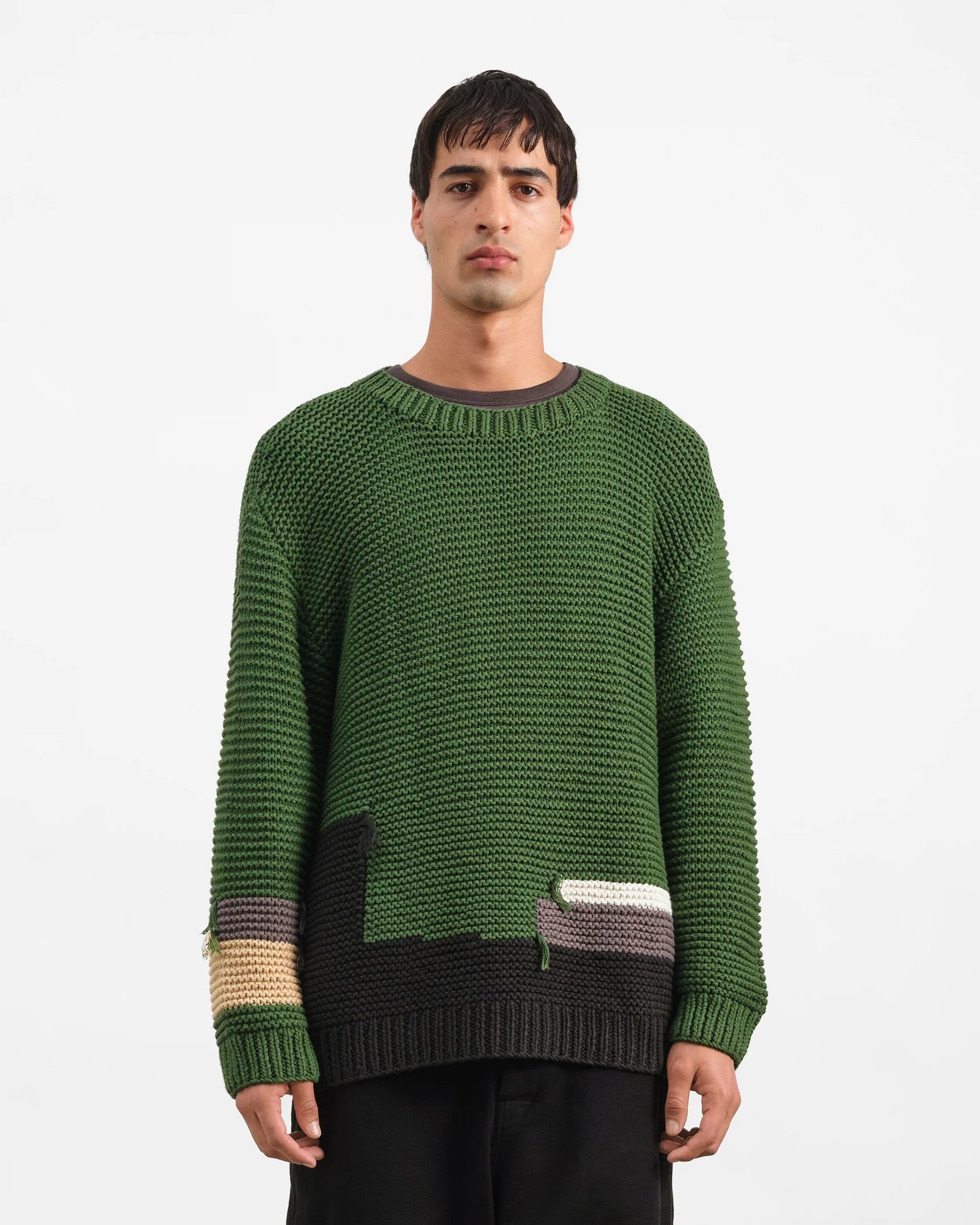 Men's Green Patchwork Crew Neck Sweater
