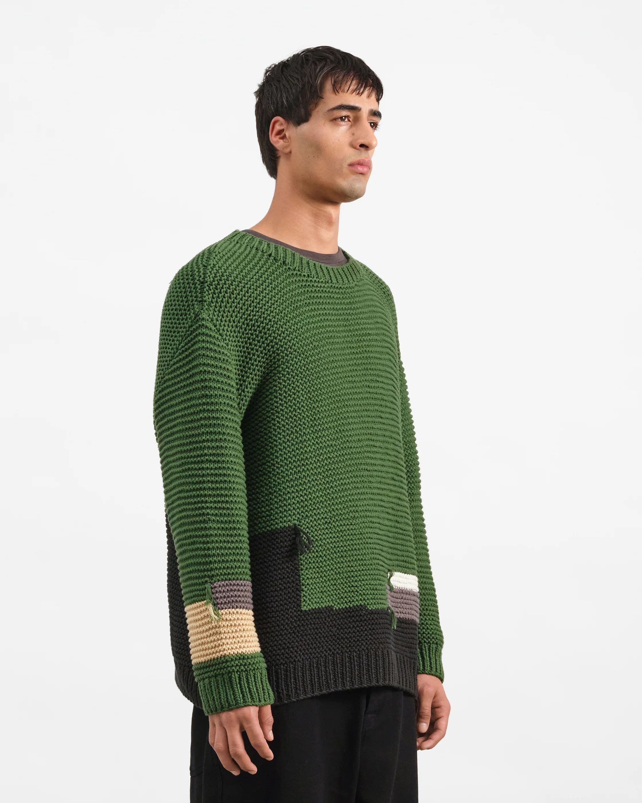 Men's Green Patchwork Crew Neck Sweater — view 2
