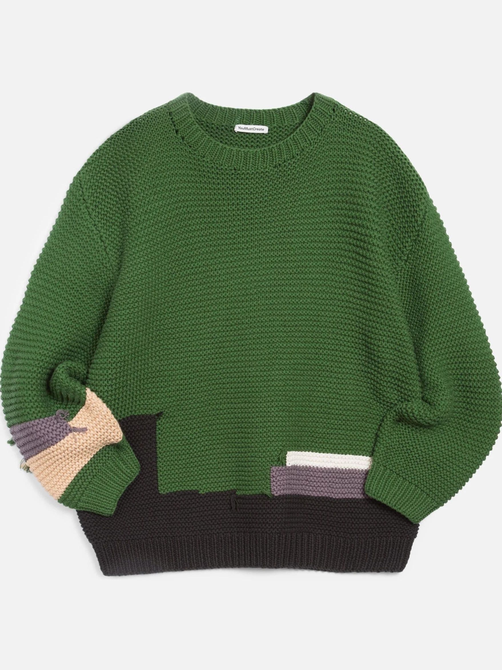 Men's Green Patchwork Crew Neck Sweater — view 7