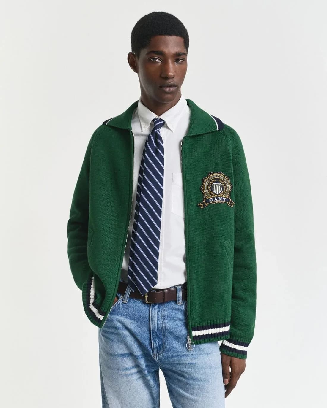 Men's Green Full Zip Knit Jacket Varsity Logo Patch