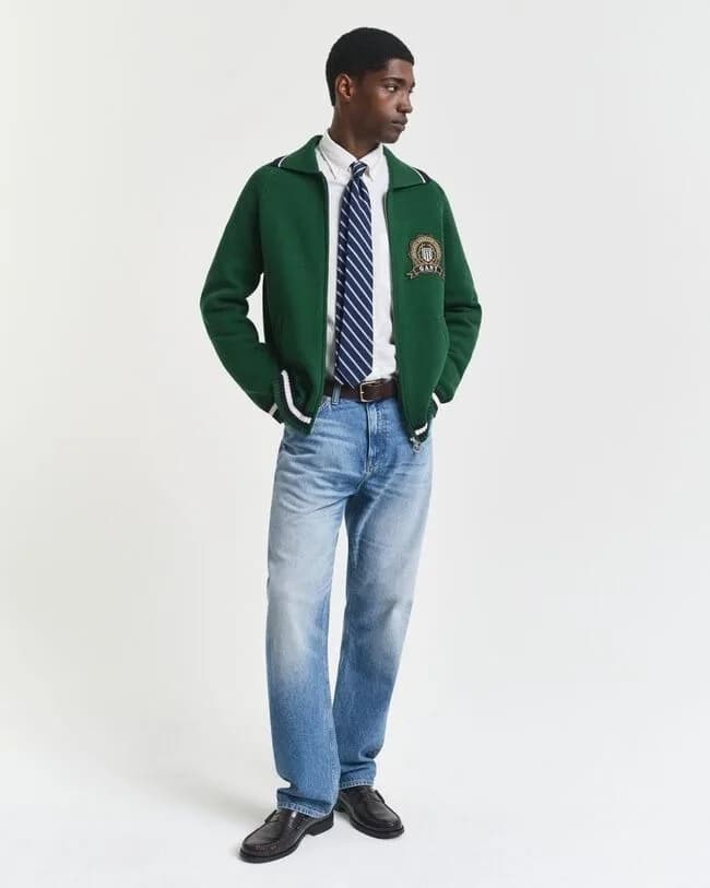 Men's Green Full Zip Knit Jacket Varsity Logo Patch