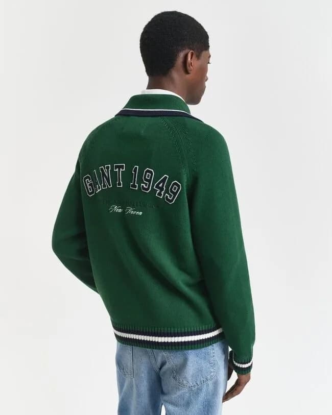 Men's Green Full Zip Knit Jacket Varsity Logo Patch