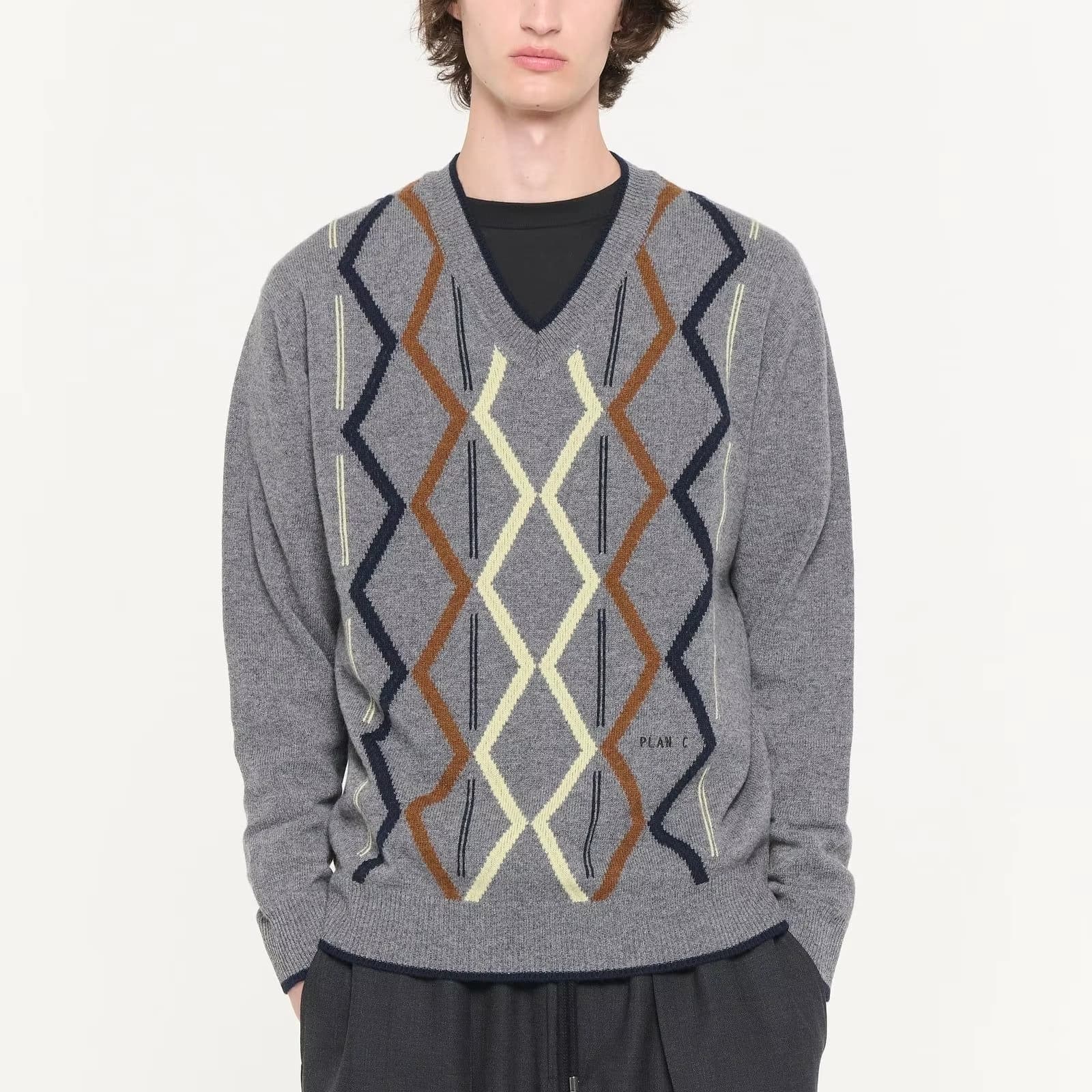 Men's Grey Argyle V Neck Sweater