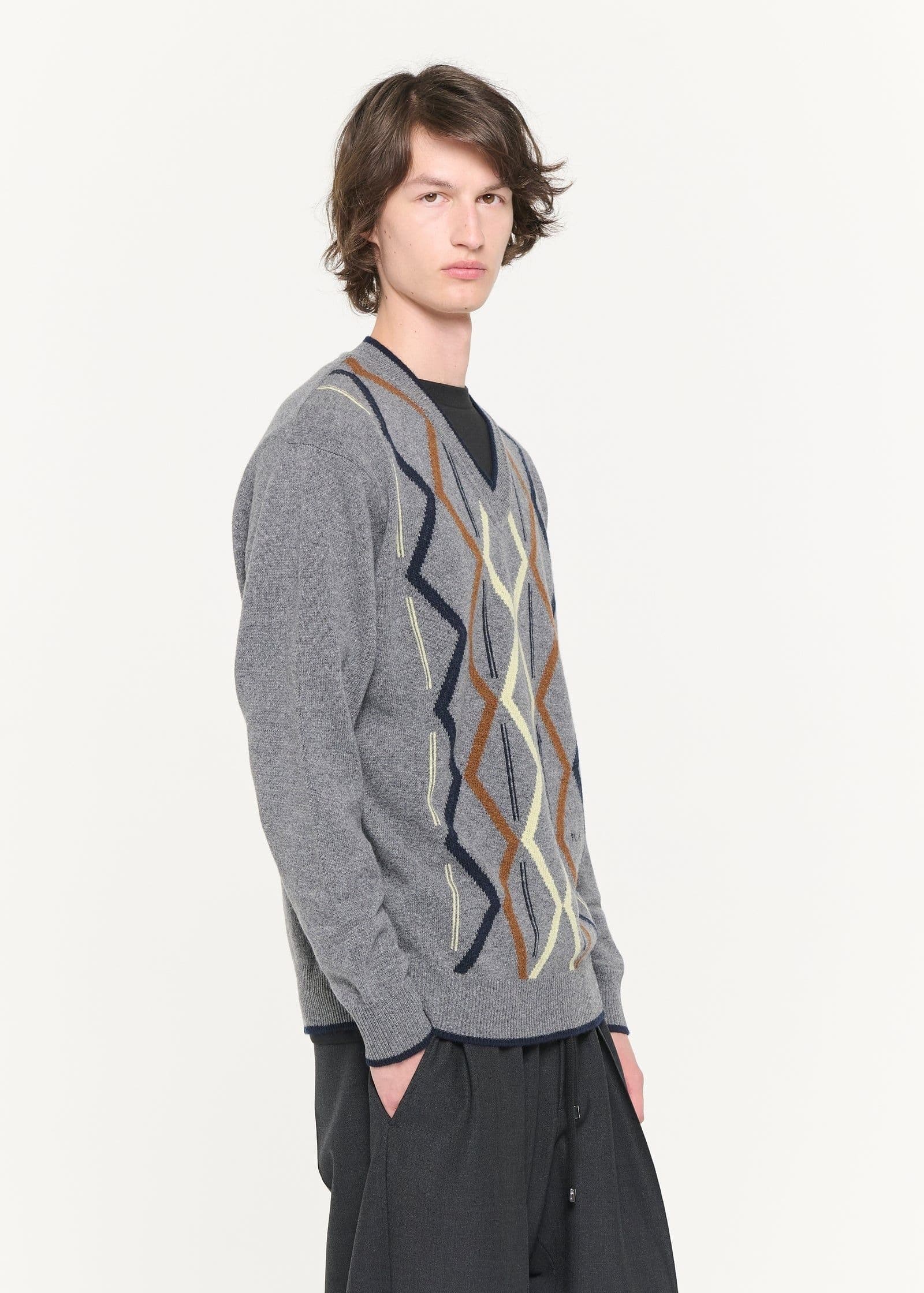 Men's Grey Argyle V Neck Sweater — view 3