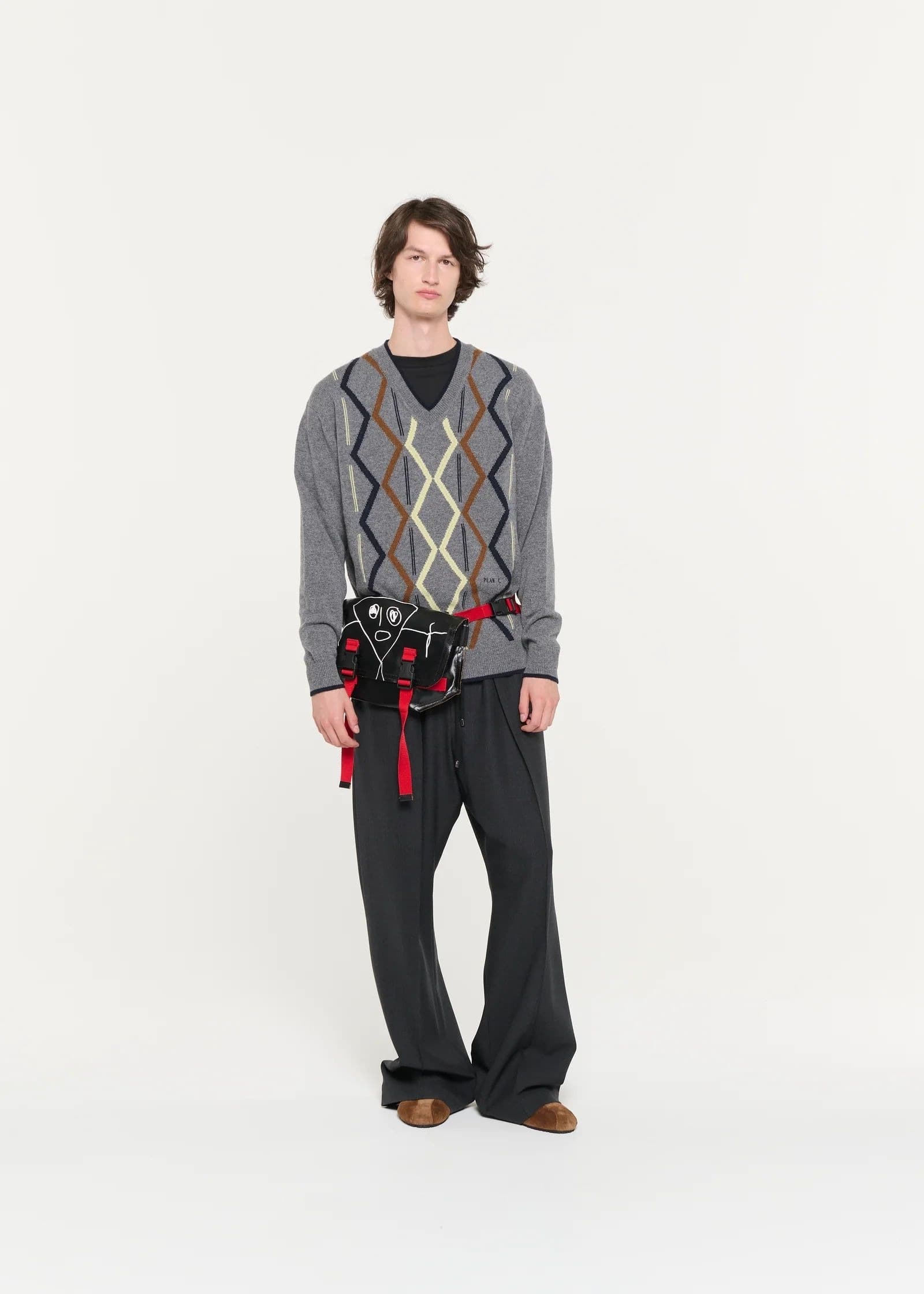 Men's Grey Argyle V Neck Sweater — view 4