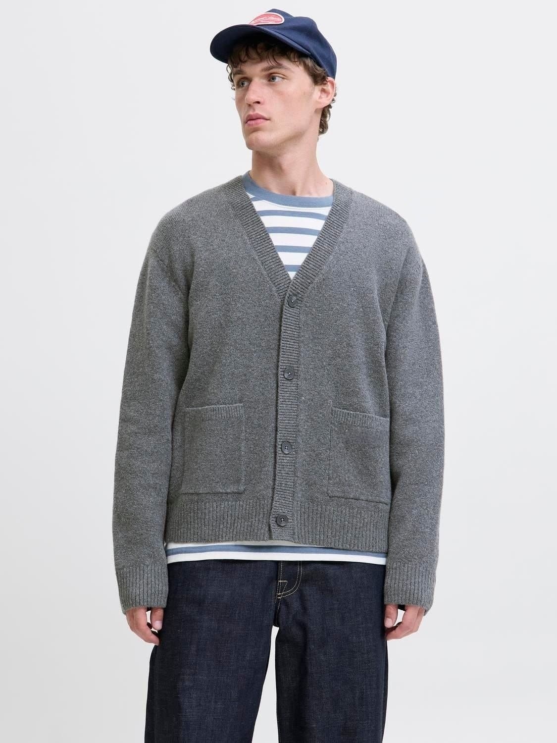 Men's Grey Button Down V Neck Cardigan