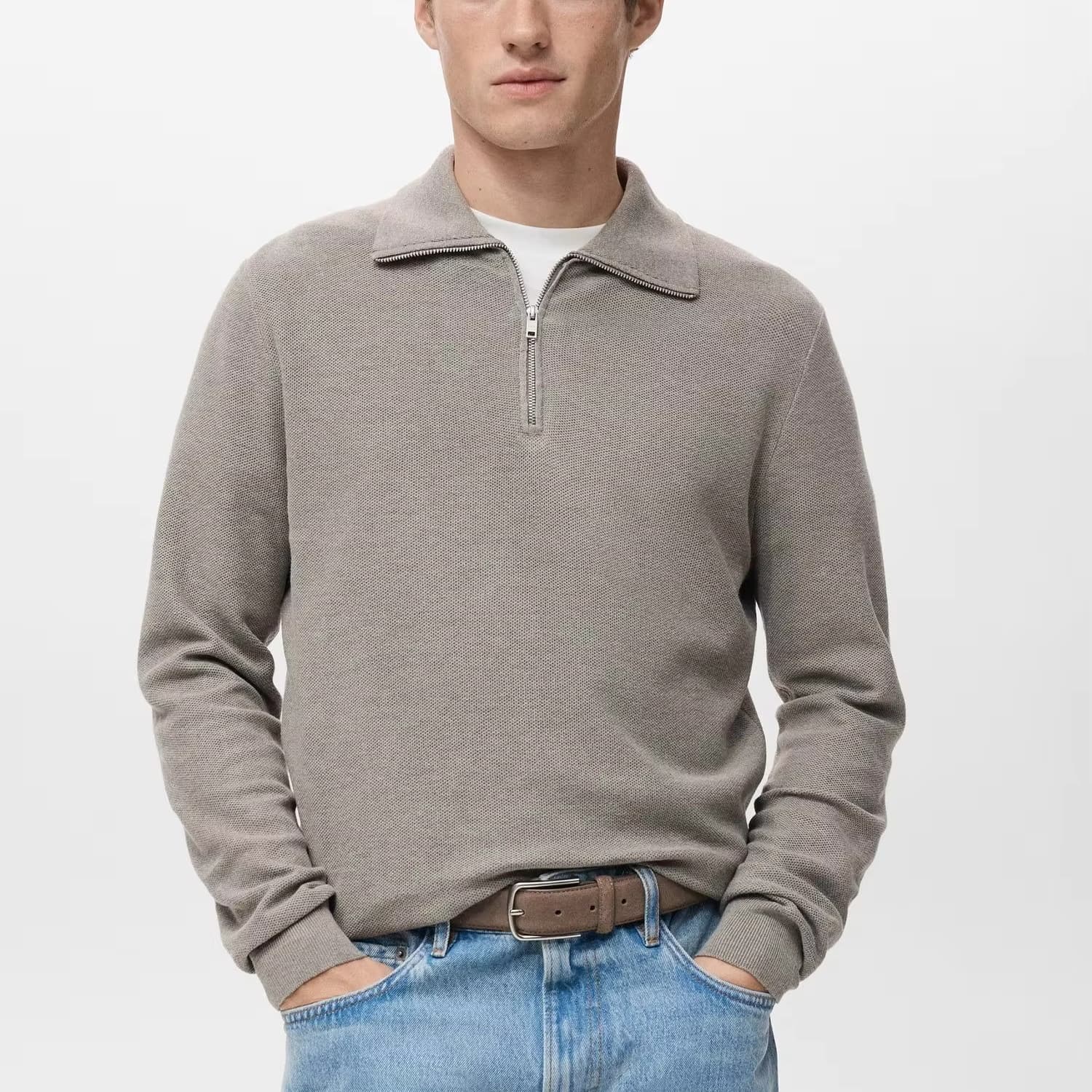 Grey half-zip stand-collar sweater