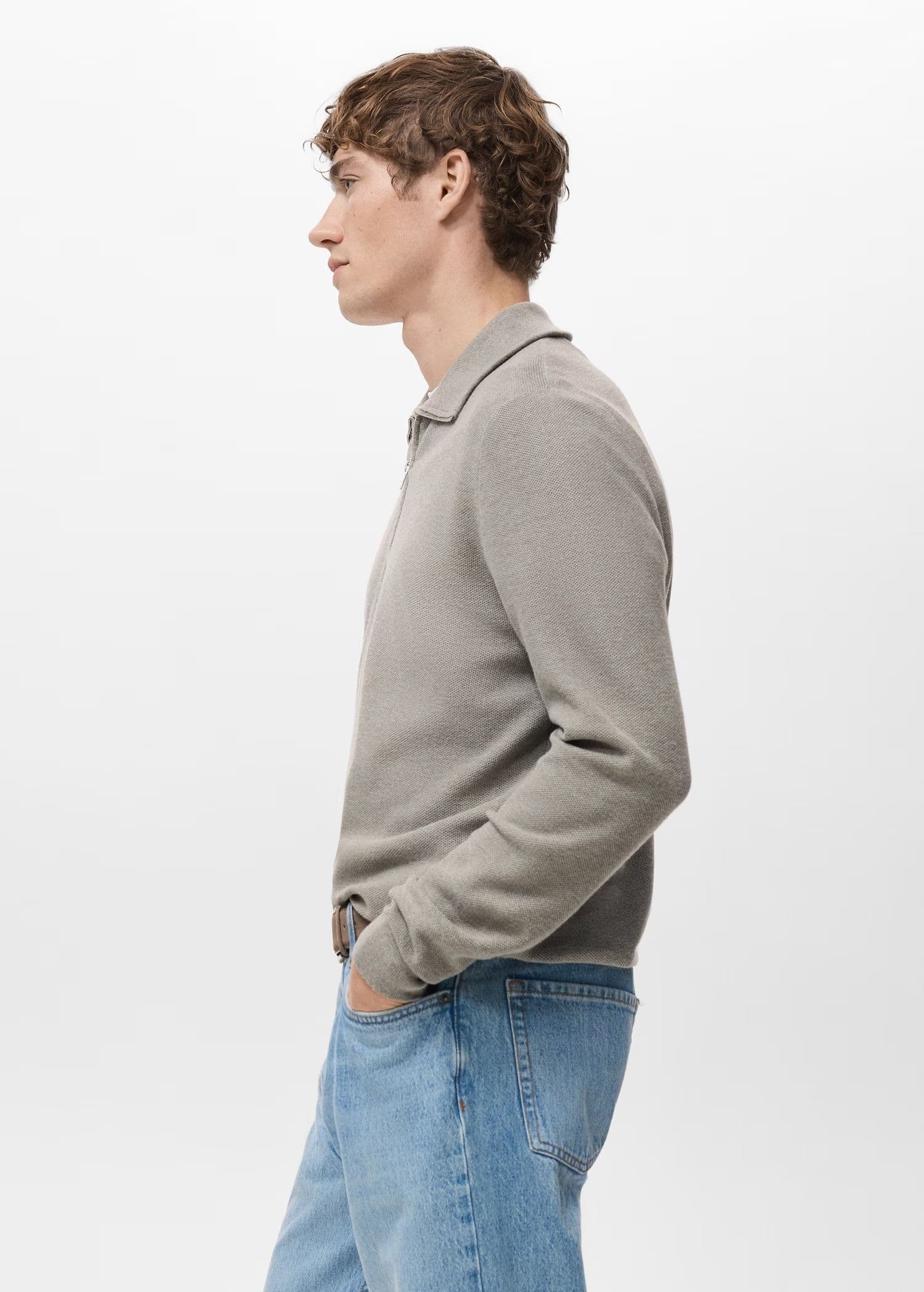 Men's Grey Half Zip Polo Sweater Collar Cotton — view 3