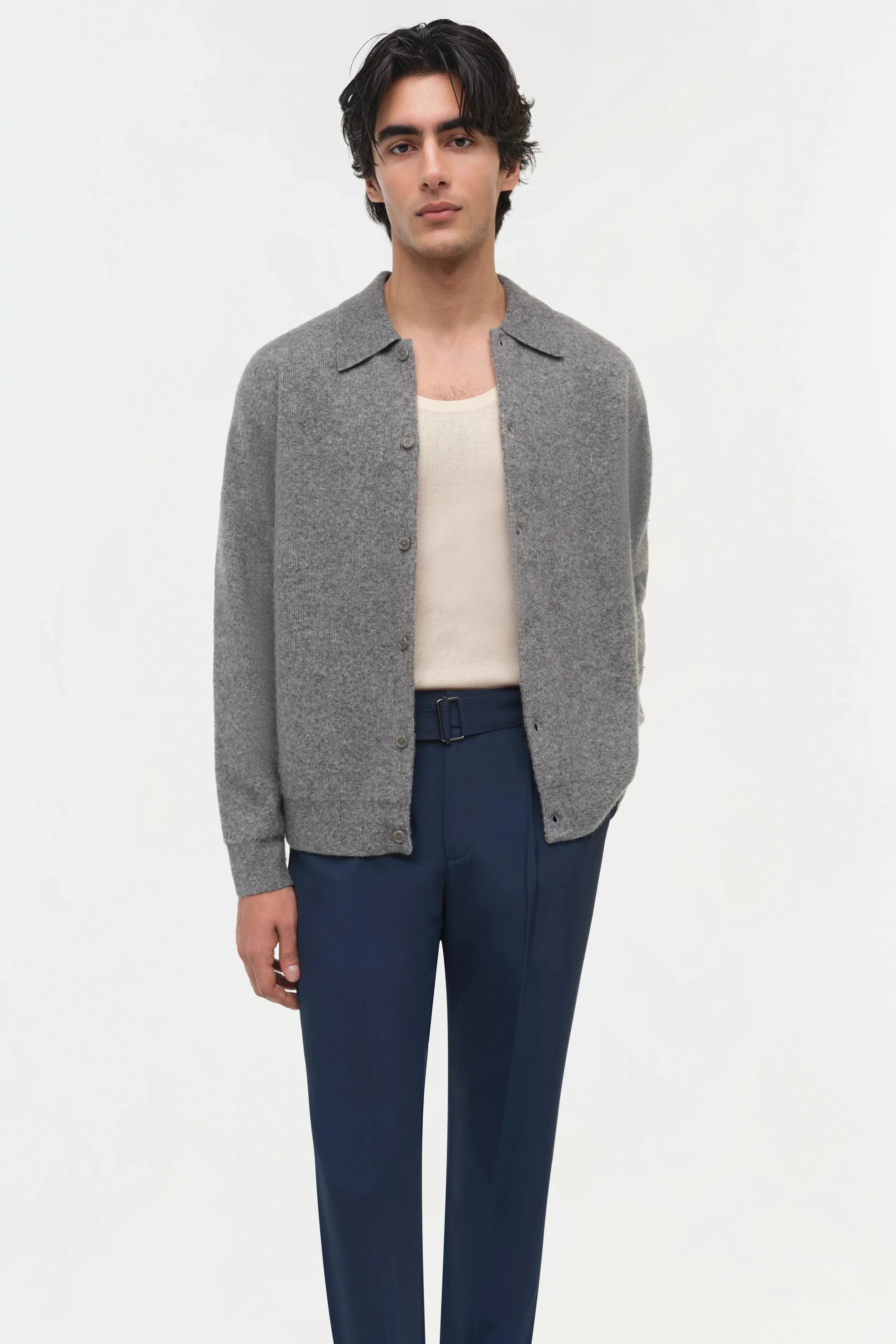 Men's Grey Knit Cardigan Button Collar