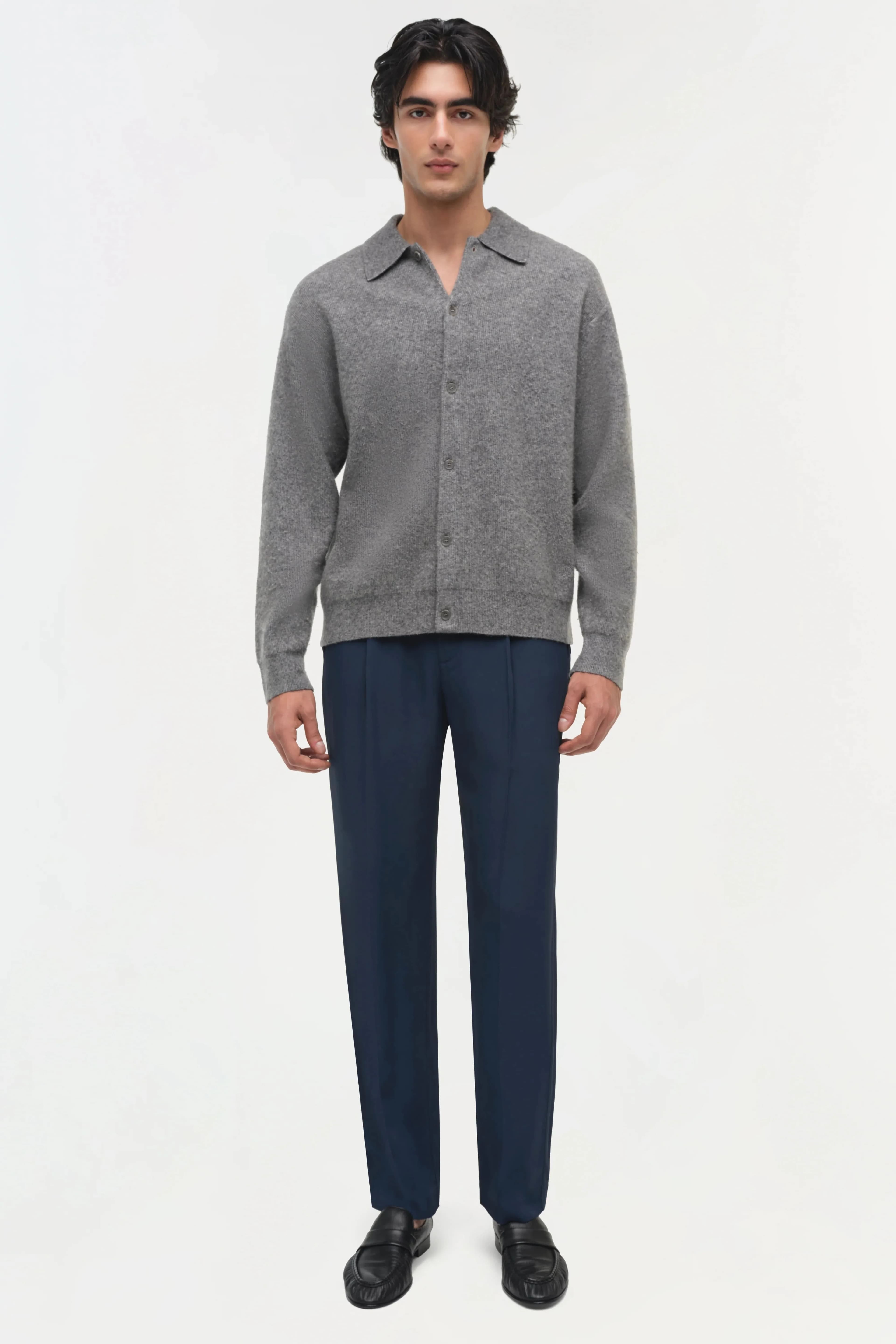 Men's Grey Knit Cardigan Button Collar — view 2