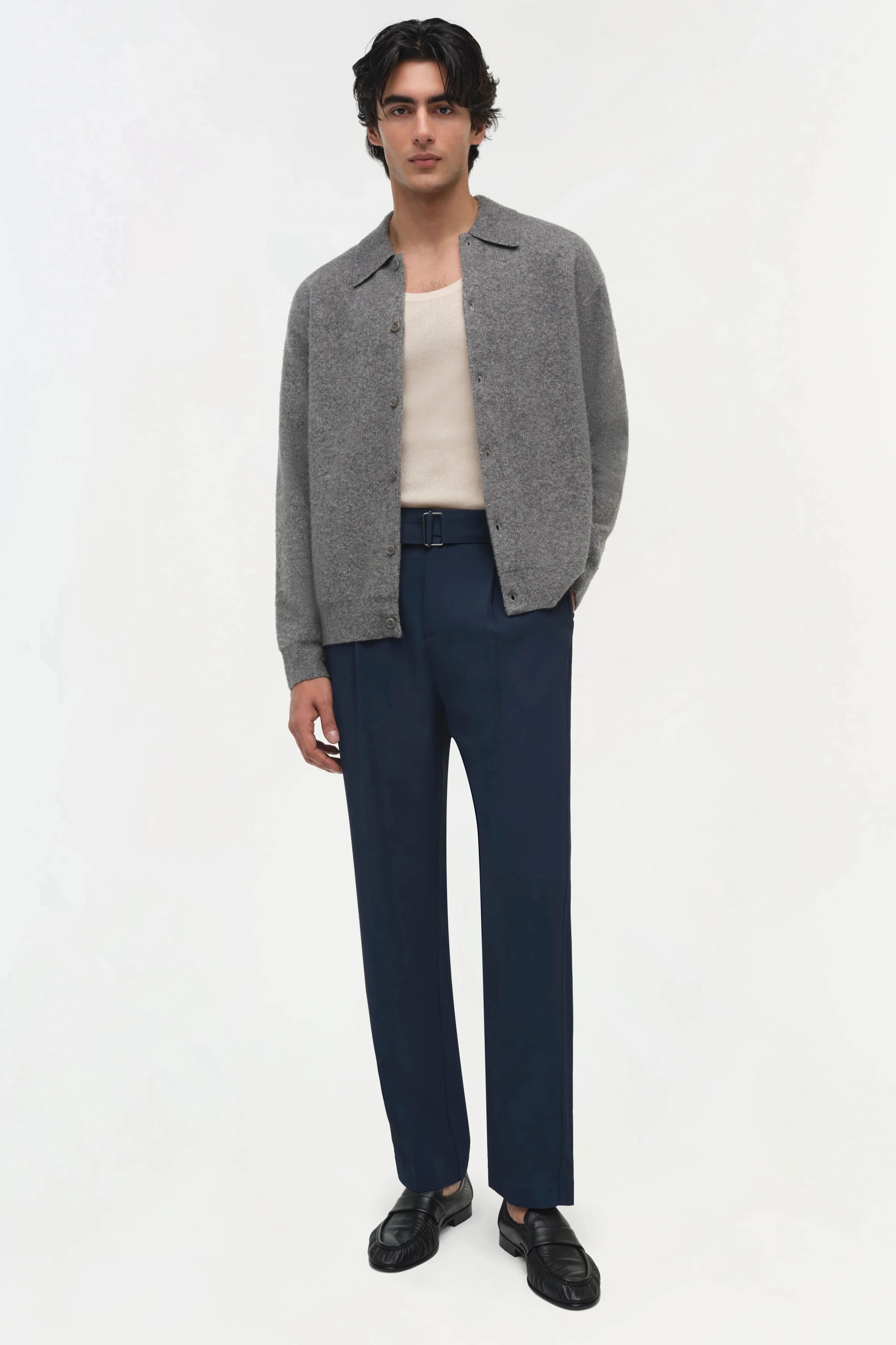 Men's Grey Knit Cardigan Button Collar — view 3
