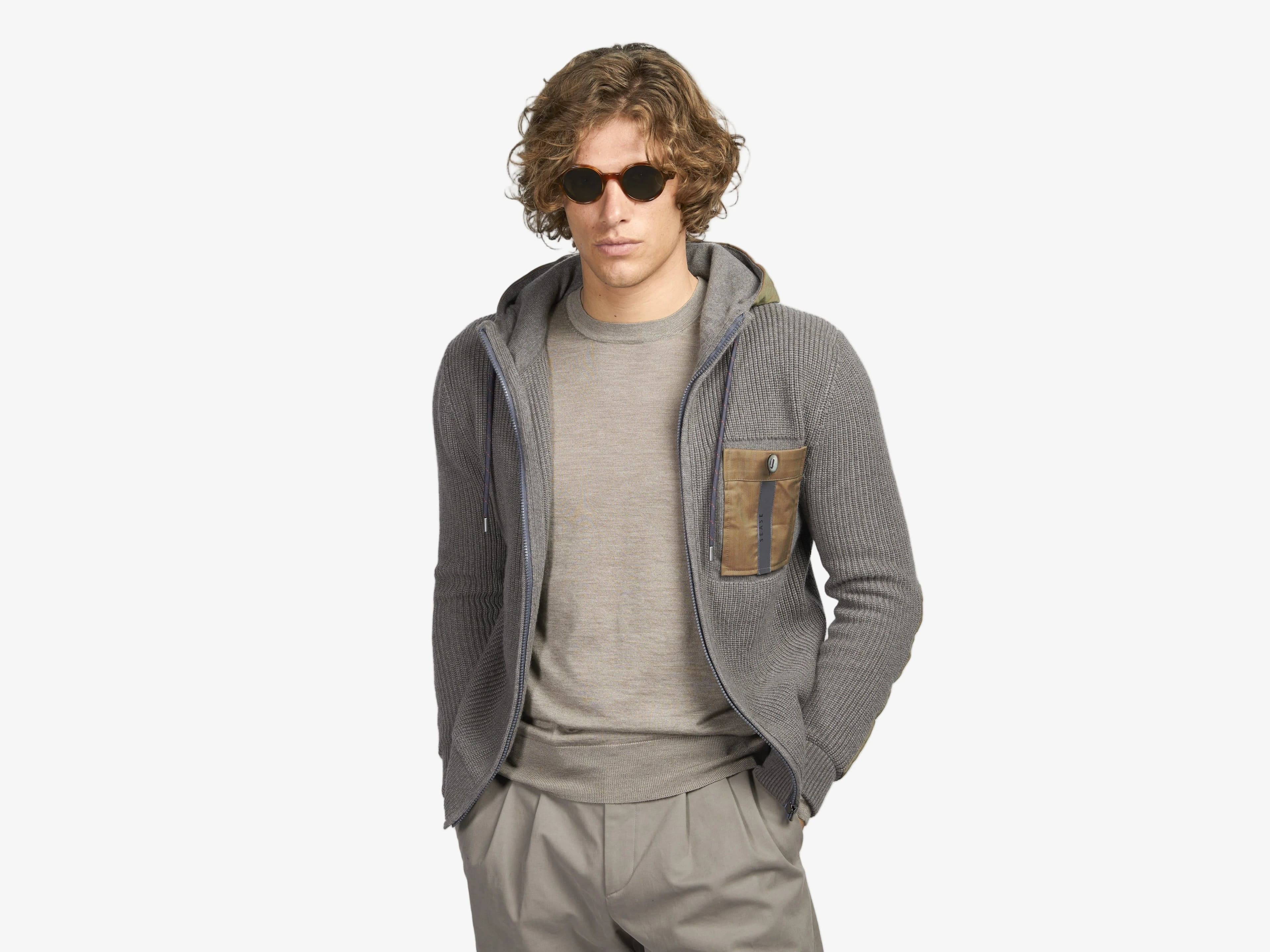 Men's Grey Knit Hoodie Nylon Contrast Pocket Full Zip
