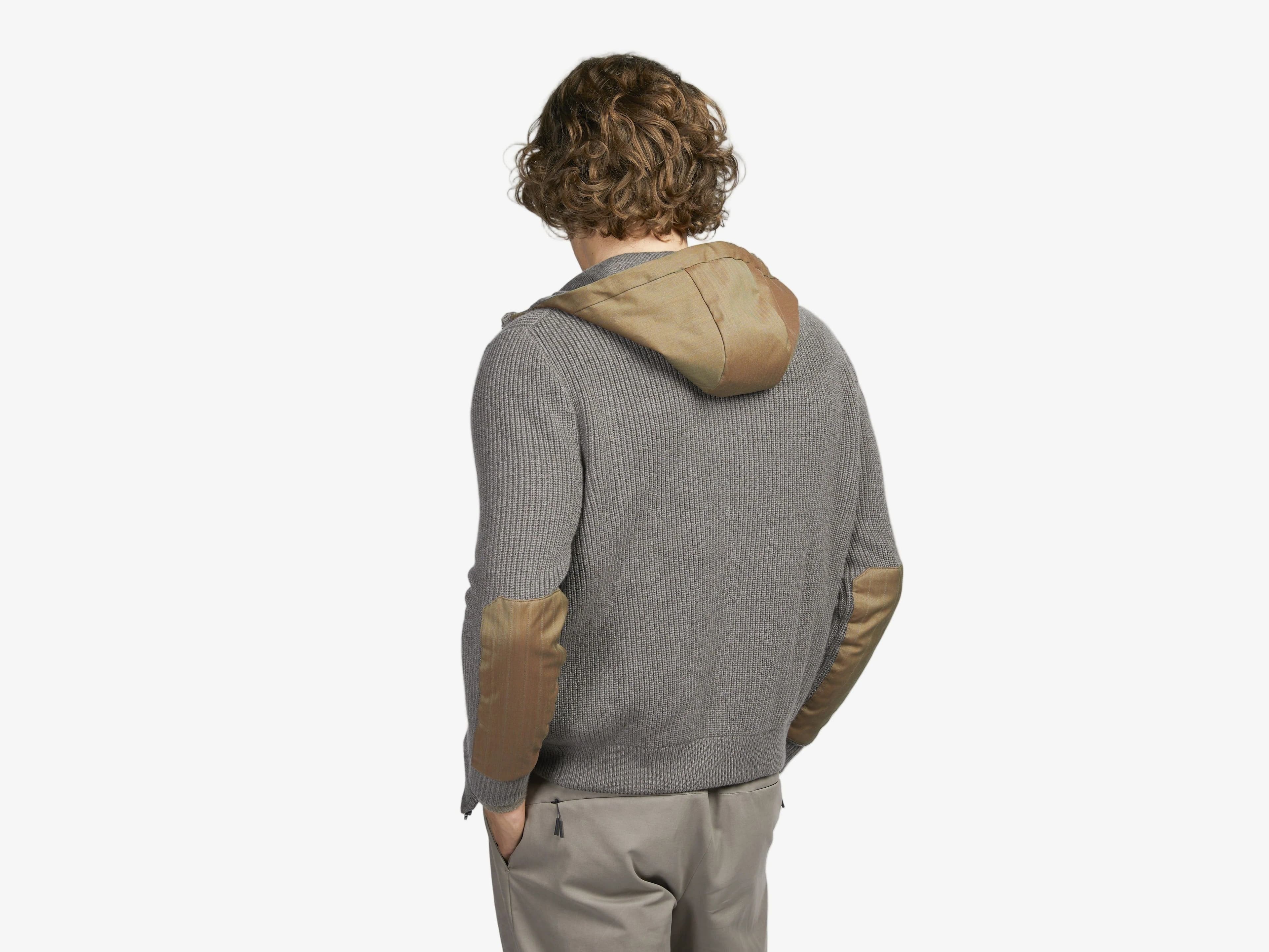 Men's Grey Knit Hoodie Nylon Contrast Pocket Full Zip — view 2