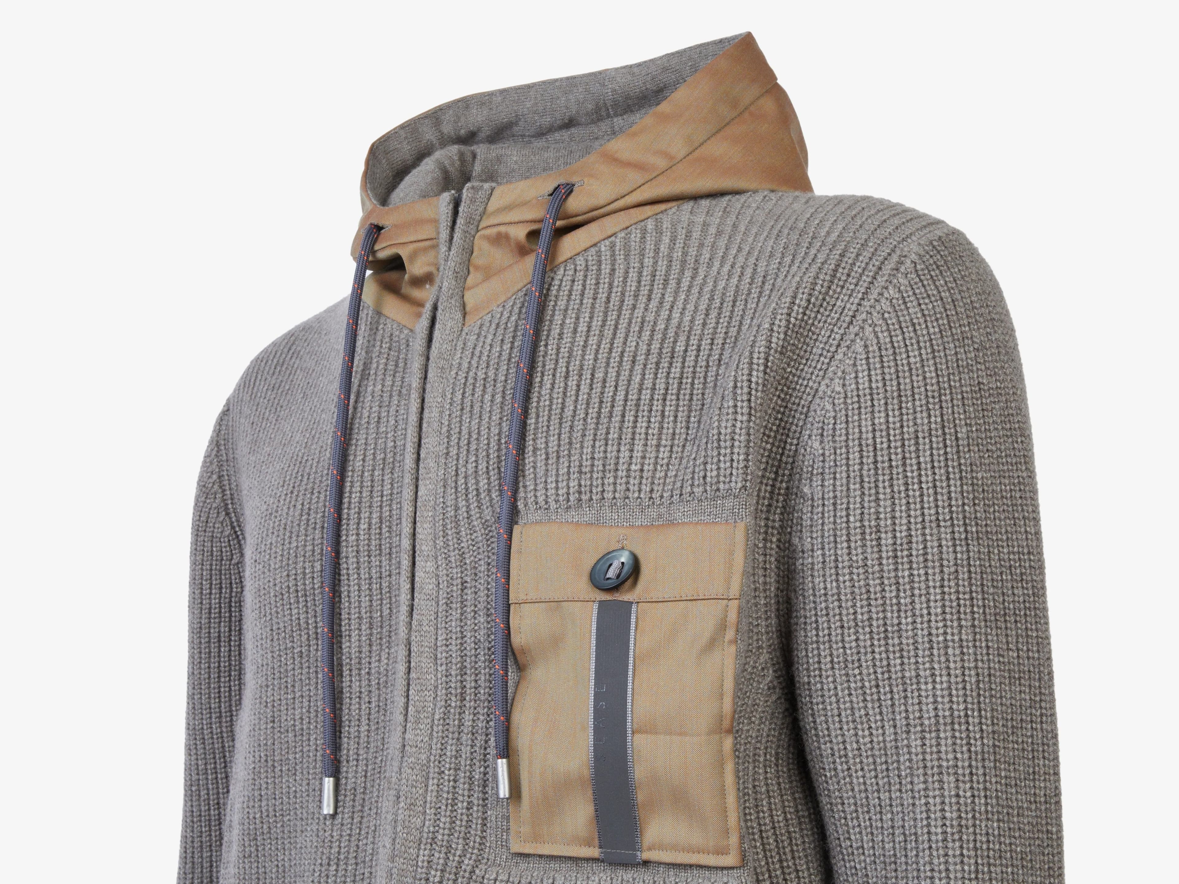 Men's Grey Knit Hoodie Nylon Contrast Pocket Full Zip — view 4