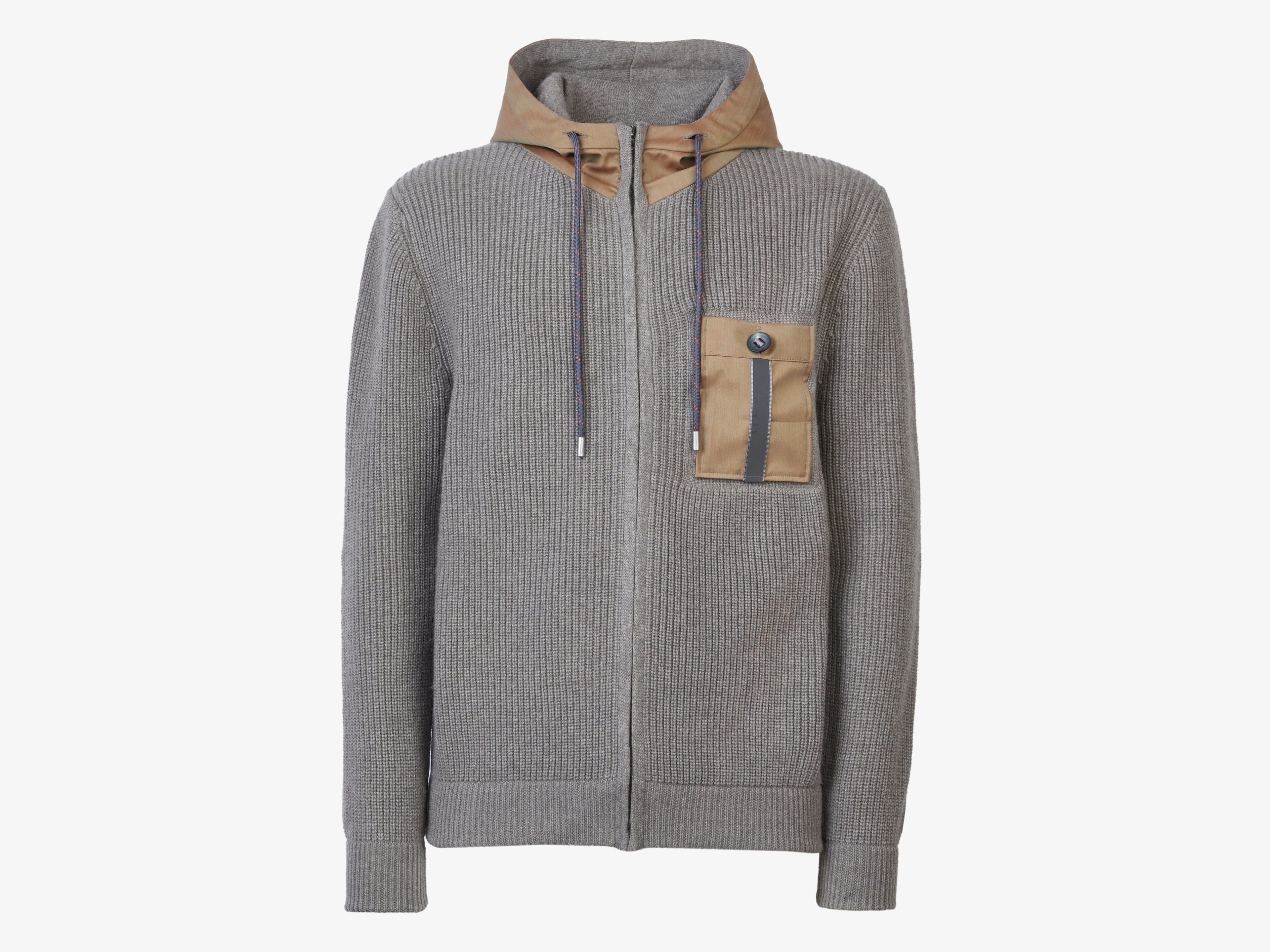 Men's Grey Knit Hoodie Nylon Contrast Pocket Full Zip — view 5