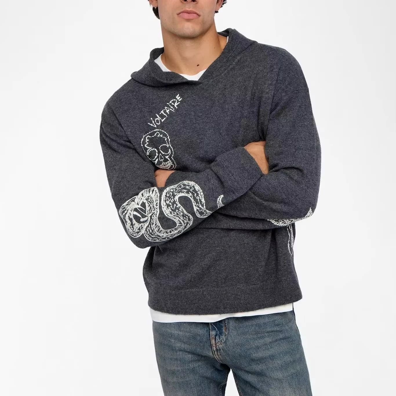 Men's Grey Knit Hoodie Skull Graffiti Text Graphic Hooded Sweater
