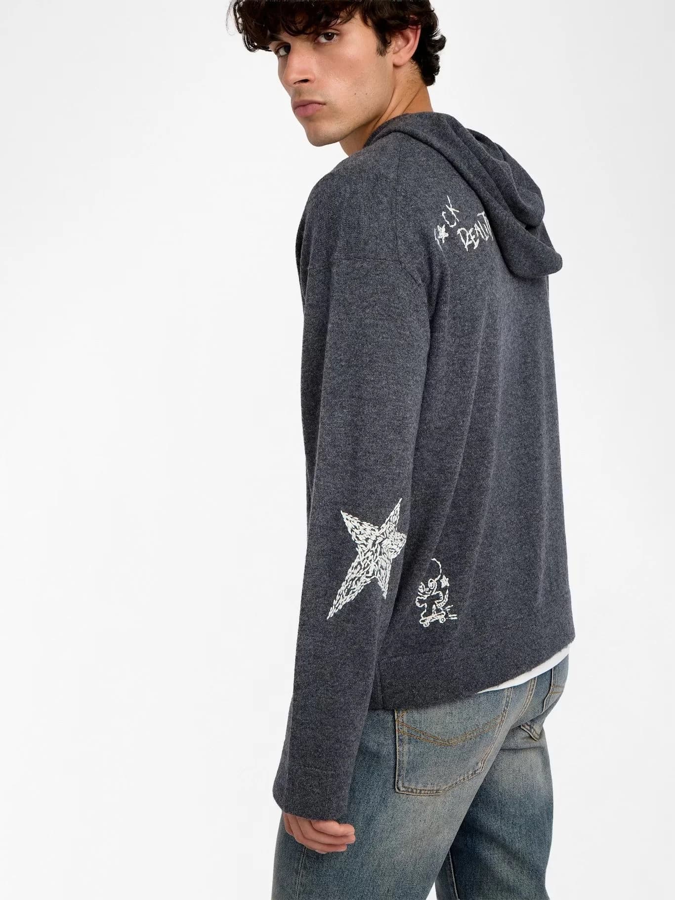 Men's Grey Knit Hoodie Skull Graffiti Text Graphic Hooded Sweater — view 2