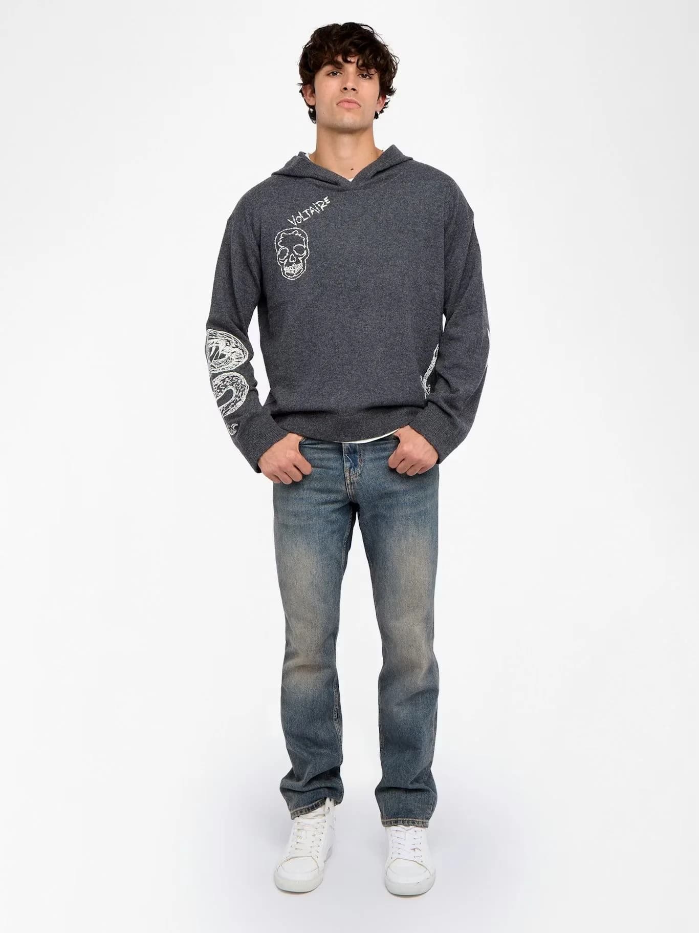 Men's Grey Knit Hoodie Skull Graffiti Text Graphic Hooded Sweater — view 3