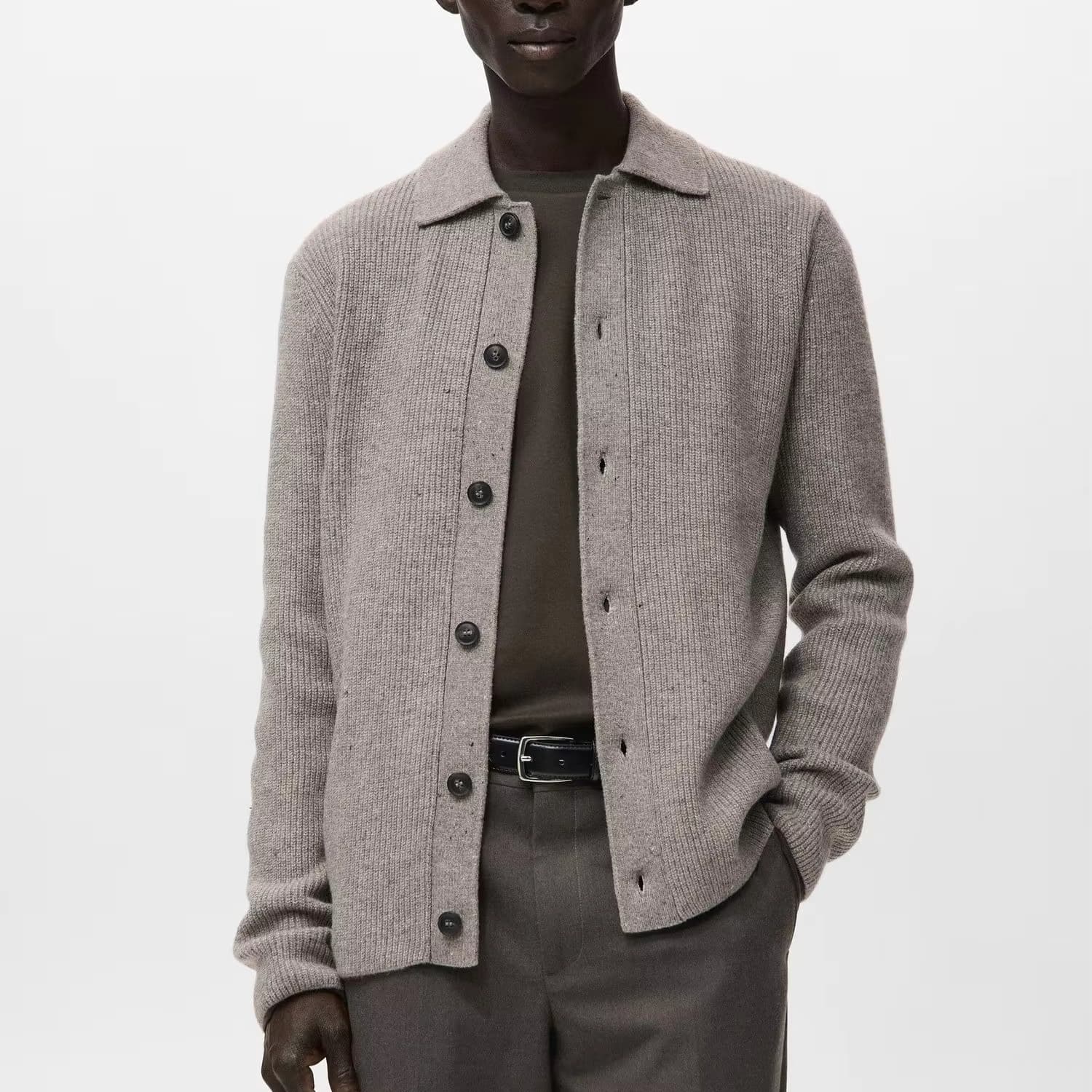 Men's Grey Knit Jacket Button Collar Cardigan Coat