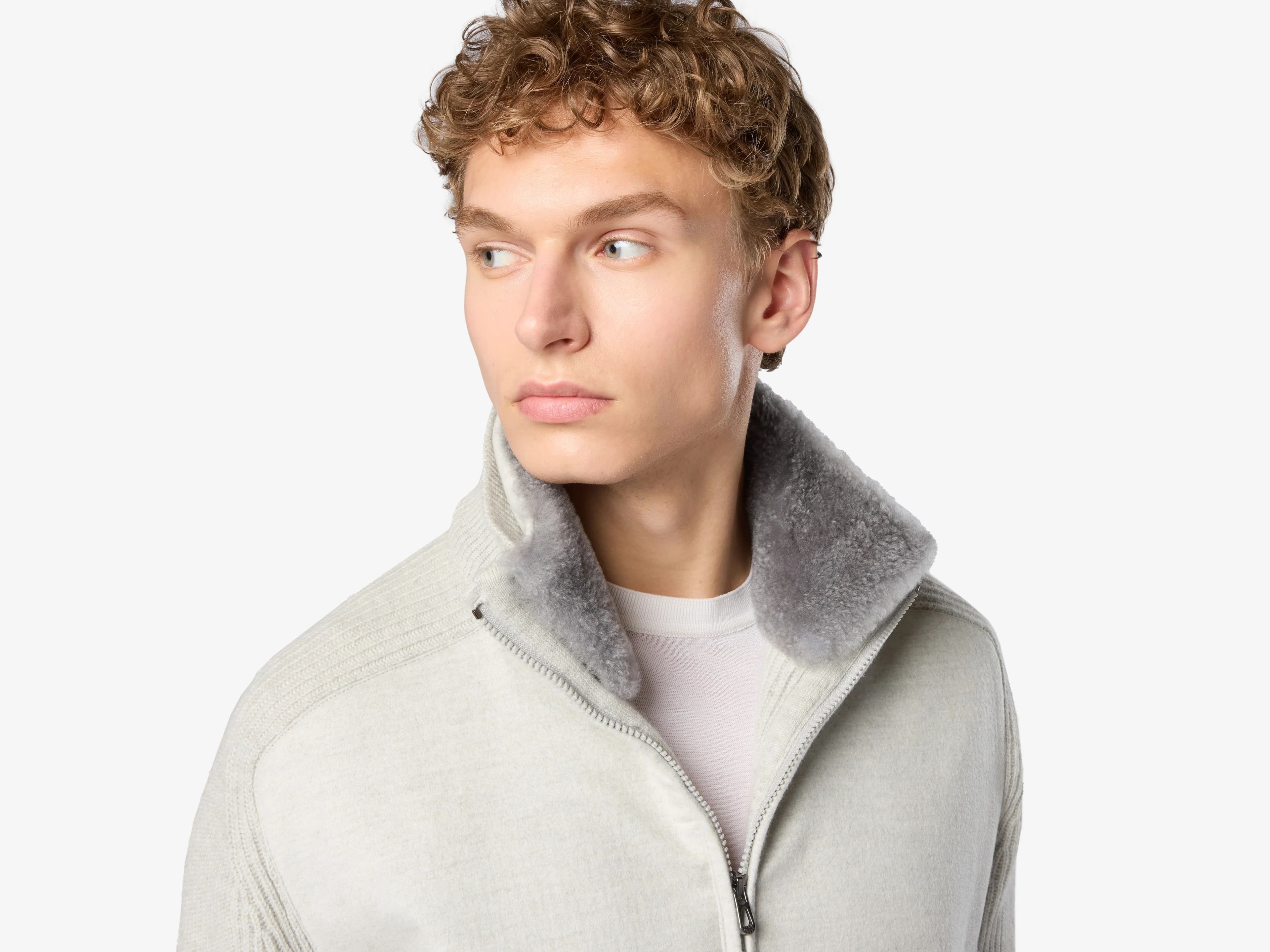 Men's Grey Knit Nylon Contrast Pocket Full Zip Jacket — view 3