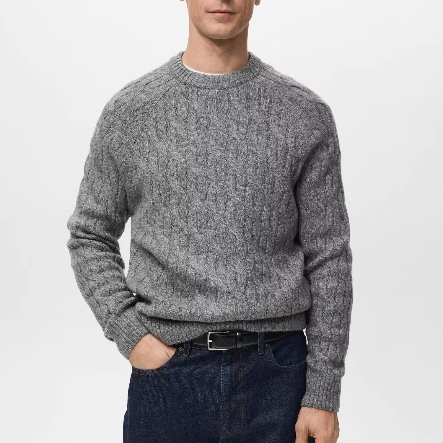 Men's Grey Melange Cable Knit Crew Neck Sweater Textured