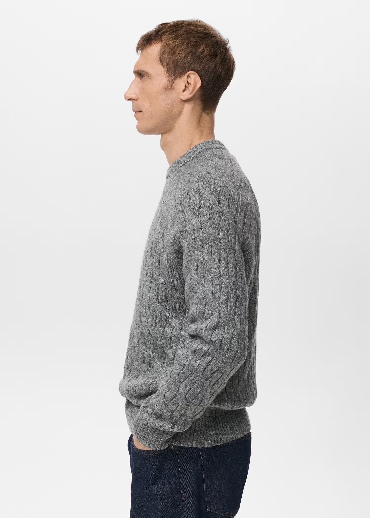 Men's Grey Melange Cable Knit Crew Neck Sweater Textured — view 2