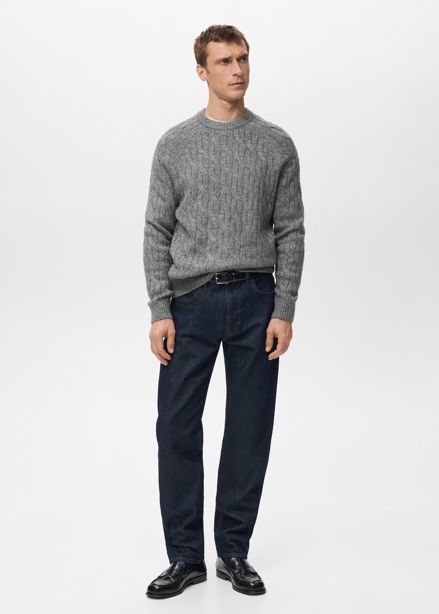 Men's Grey Melange Cable Knit Crew Neck Sweater Textured — view 4