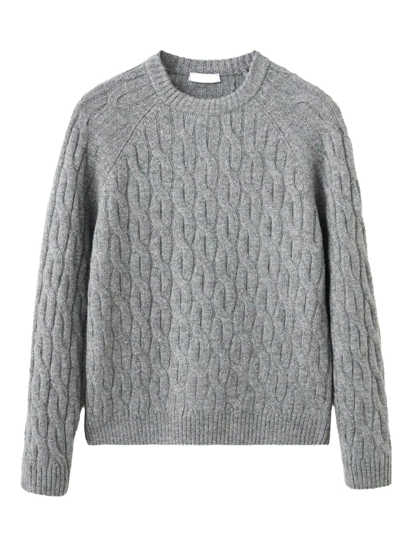 Men's Grey Melange Cable Knit Crew Neck Sweater Textured — view 6